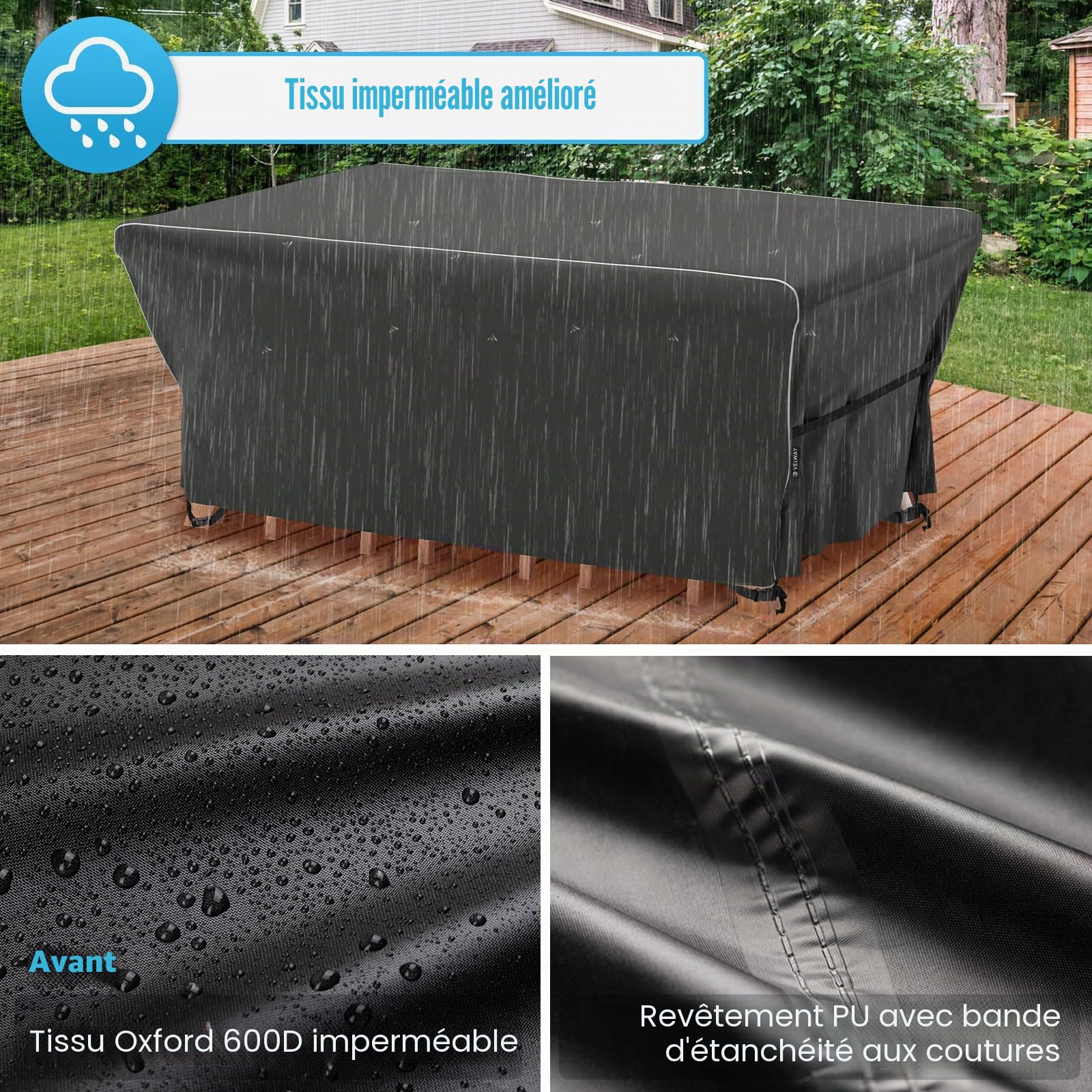 Velway Housse Salon de Jardin Imperméable: Housse de Table Jardin Rectangulaire avec Bande Réfléchissante 600D Oxford Coupe-vent Couverture de Protection Meubles Bâche pour Table - Noir 242x162x71cm
