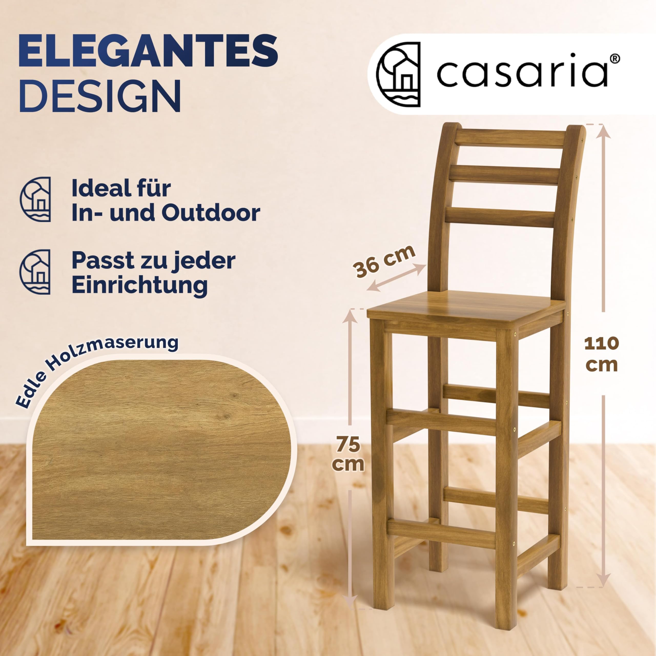 Casaria® Barhocker 2er Set Holz mit Lehne Outdoor 75cm Sitzhöhe Akazie 150kg Belastbarkeit Fußstütze Massiv Rustikal Garten Küche Bar Stuhl Hocker Braun