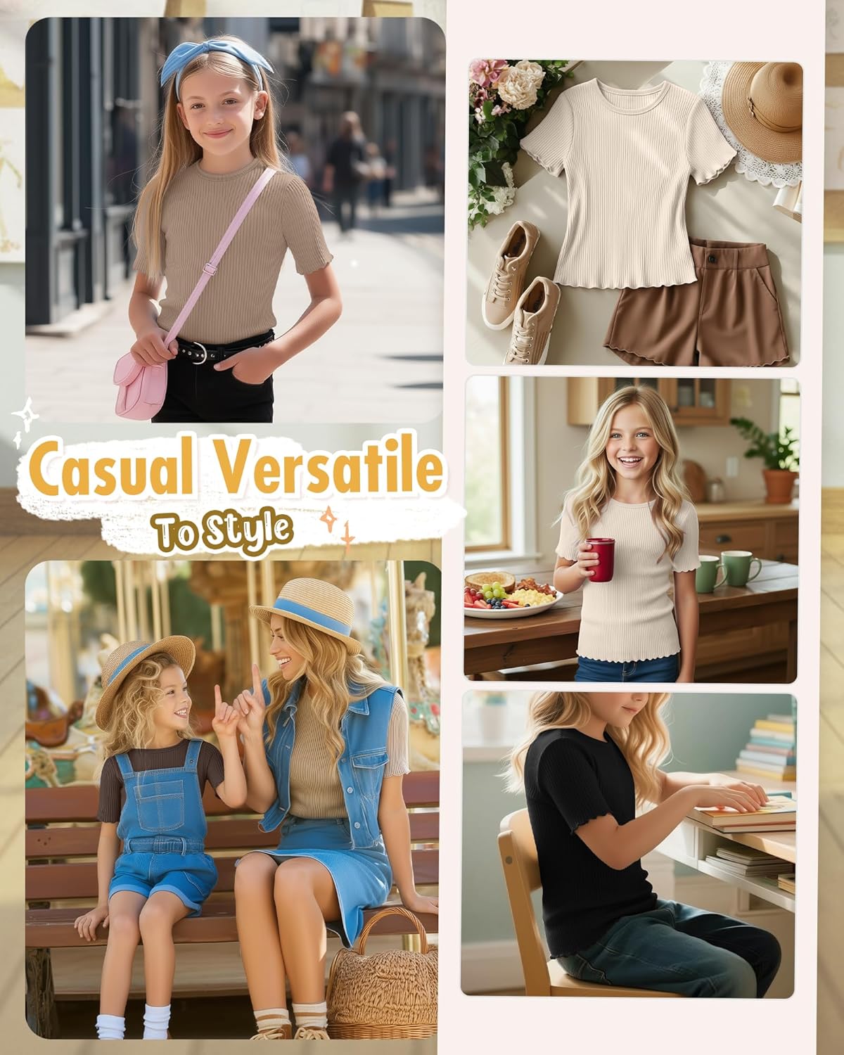 4 Pack Girls Short Sleeve Tops Ribbed Crew Neck T Shirts Lettuce Trim Cute Basic Tees for Kids Teen 5-14Y - Image 4