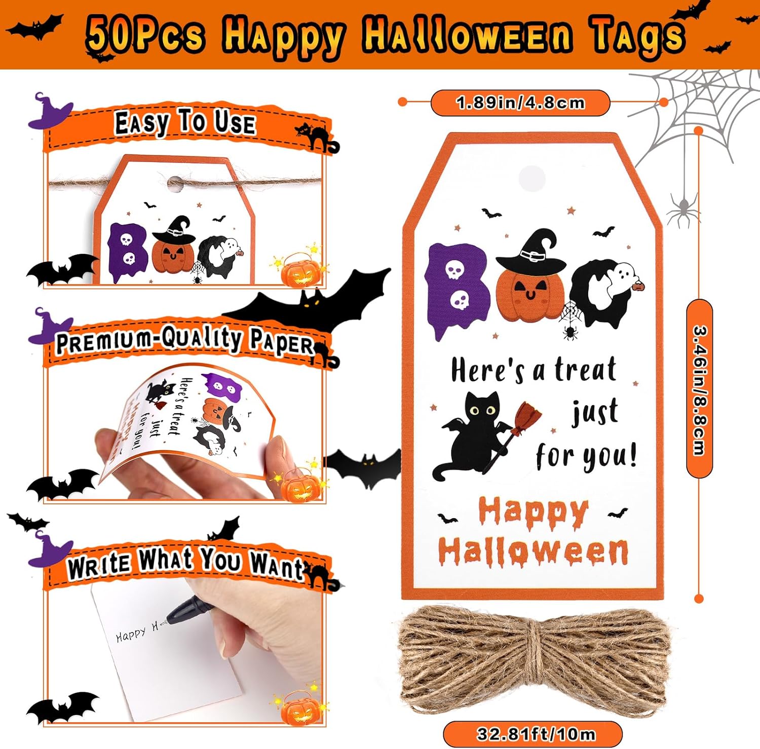 Etercycle Halloween Tags, 50pcs Happy Halloween Tag with String, Cute Boo Label Halloween Decorative Hang Wrap Tags for Candy Bag, Goodie Gift Bags, Trick Or Treat Party Favor Decoration Supplies - Image 2
