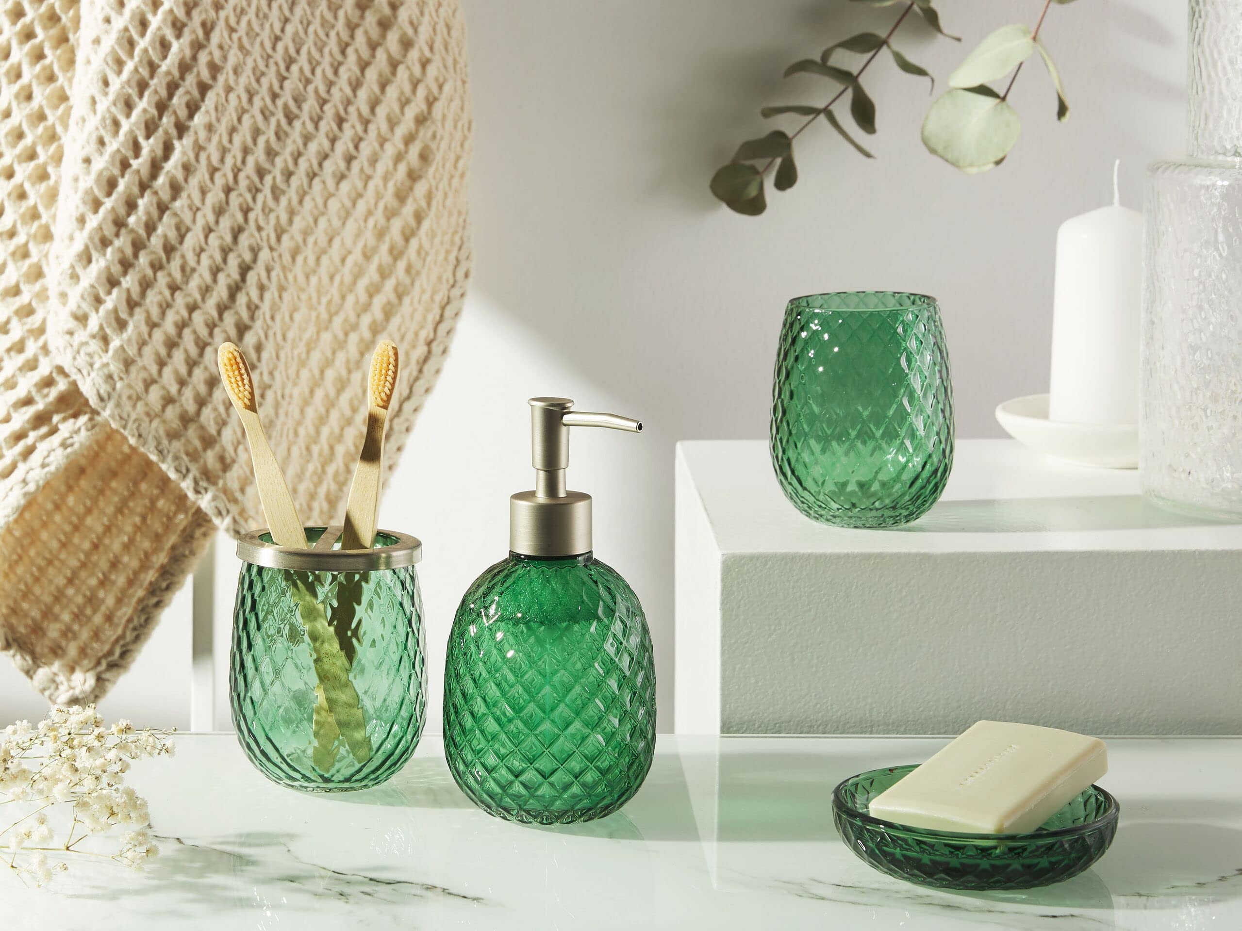Set Di 4 Accessori Da Bagno In Vetro Verde Diamantato – Portasapone, Portaspazzolino, 2 Portacotone, Organizer - 5