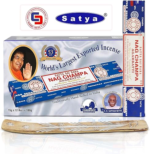 Satya Nag Champa - Varillas de incienso Satya sai Baba Insenses de 15 gmx12 con soporte de incienso Raajsee, incienso natural Satya Nag Champa, 6.35