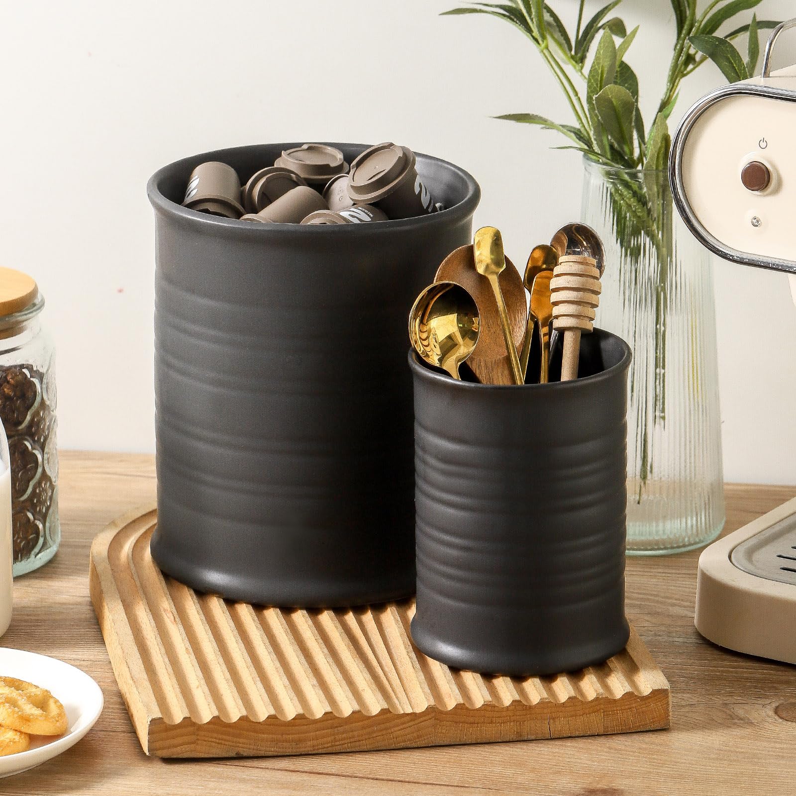 Nihow Utensilienhalter: 18,3 cm + 16,3 cm Keramik-Küchenutensilienhalter für Arbeitsplatte, große Kochutensilien-Töpfe für die Küchentheke, moderner Utensilien-Organizer für Spatel, 2er-Set, elegantes