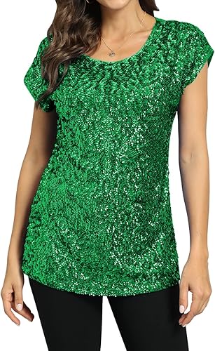 PrettyGuide Women's Evening Tops Sparkle Shimmer Glam Sequin Blouse Green S/US6-