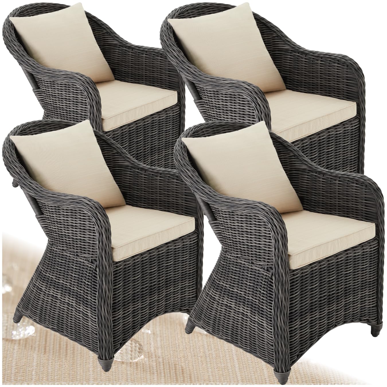 tectake 4er Set Rattansessel – Polyrattan Gartenstühle mit Aluminiumgestell (Grau)