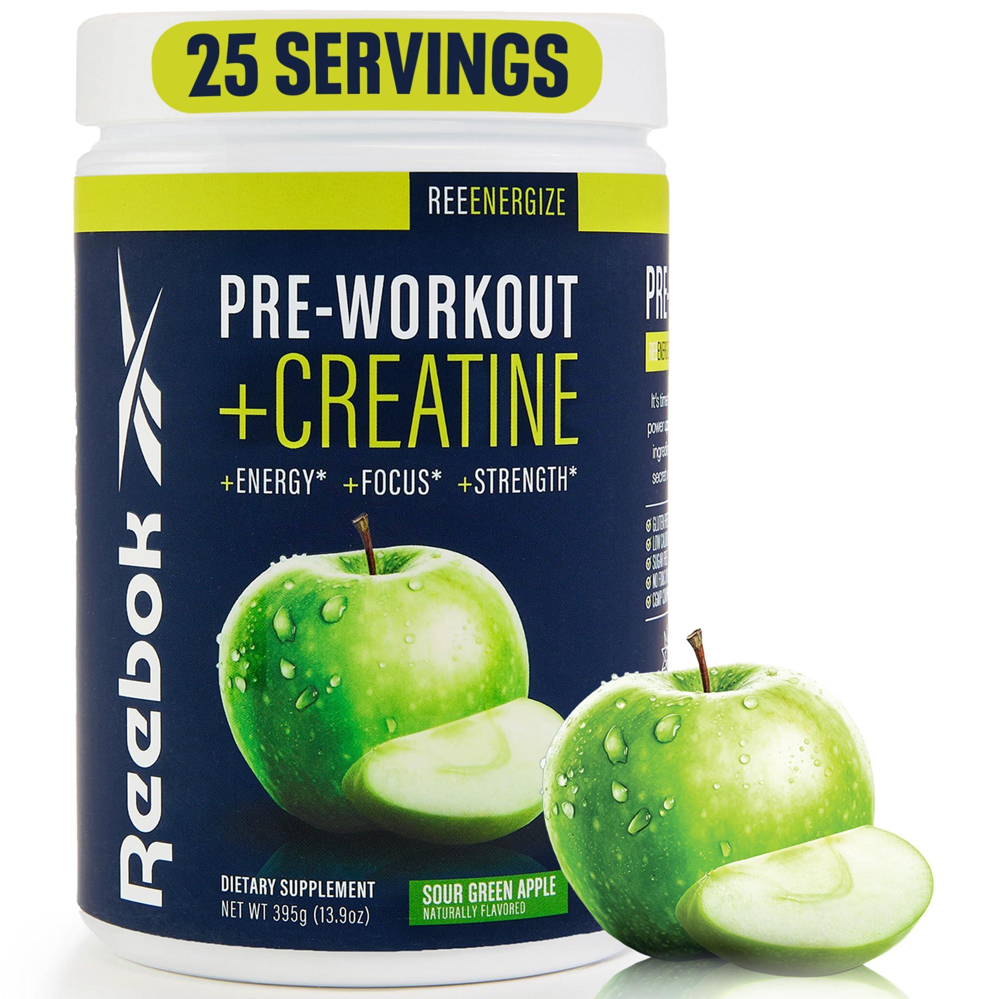 Reebok Pre-Workout + Creatine Powder, 25 Servings, Sour Green Apple
