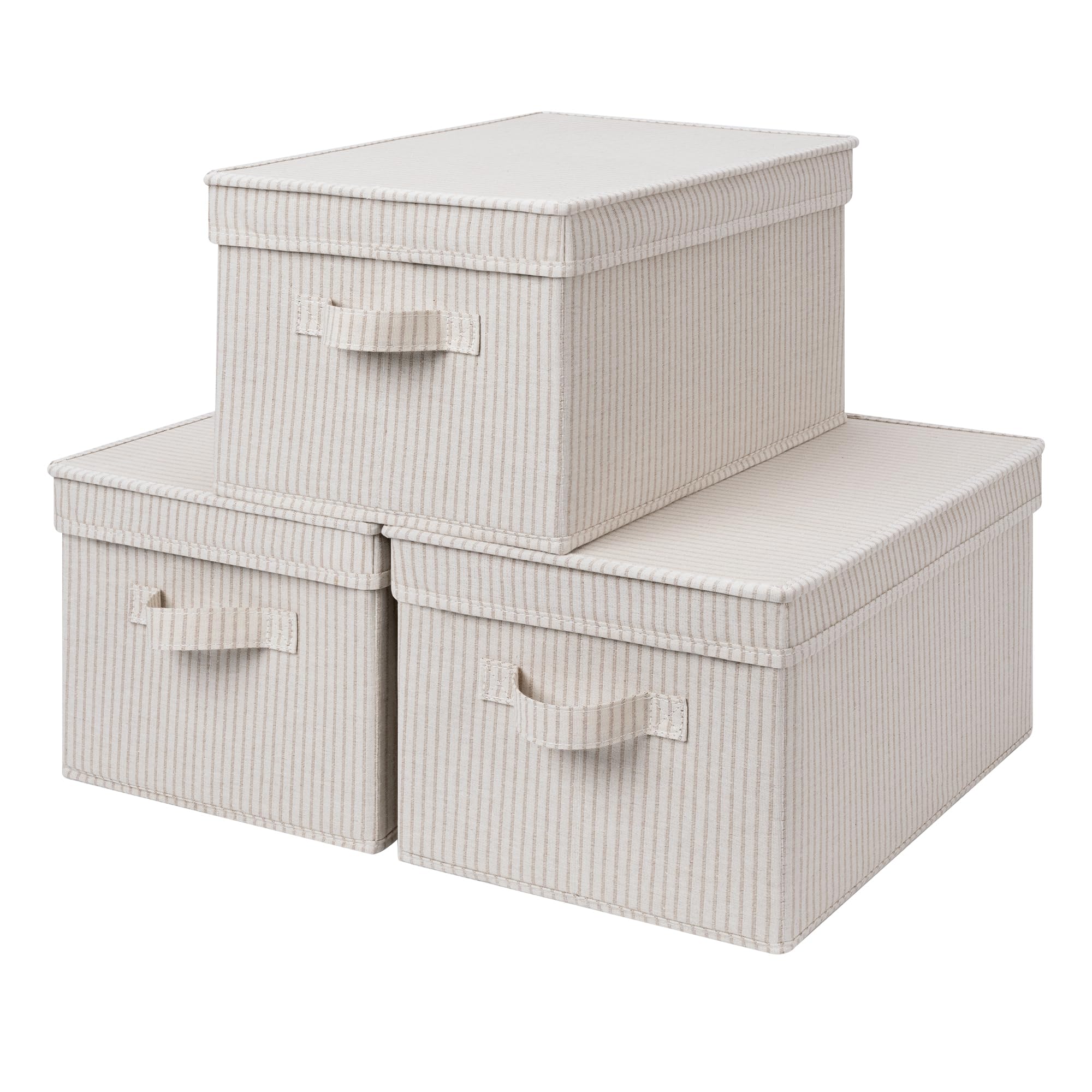 storageworks large storage bins with lids, decorative storage boxes with lid and handles, foldable storage baskets for closet, shelves, stackable, khaki stripe, 3-pack