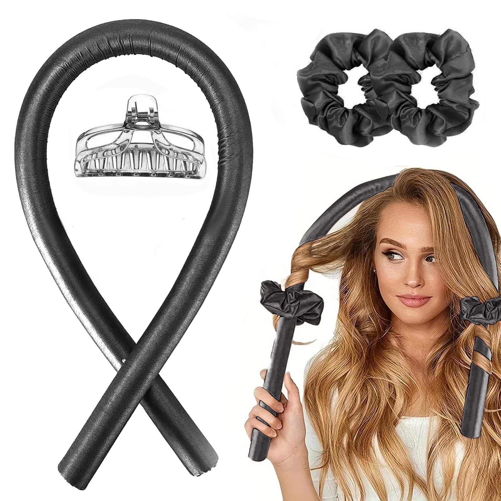 Rizador Pelo Sin Calor, Seda Sin Calor Rizadores de Pelo, con Horquillas y Diademas, Duerme Ondas Rizadores de Cabello para cabello largo y medio (Negro)