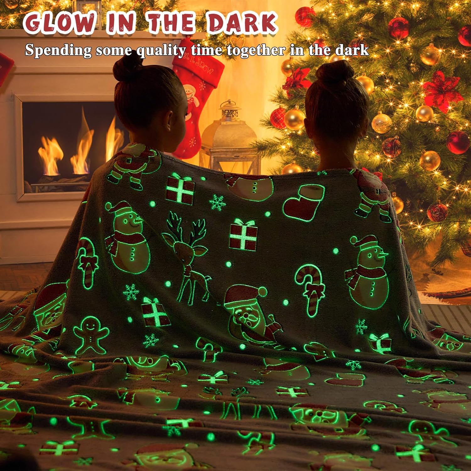 inhand Christmas Blanket,Glow in The Dark Blanket for Kids/Girls/Boys/Toddler Soft Flannel Red Santa Claus Gingerbread Candy Canes Christmas Throw Blankets for Age 3 4 5 6 7 8 9 10 11 12 13 Year Old - Image 2