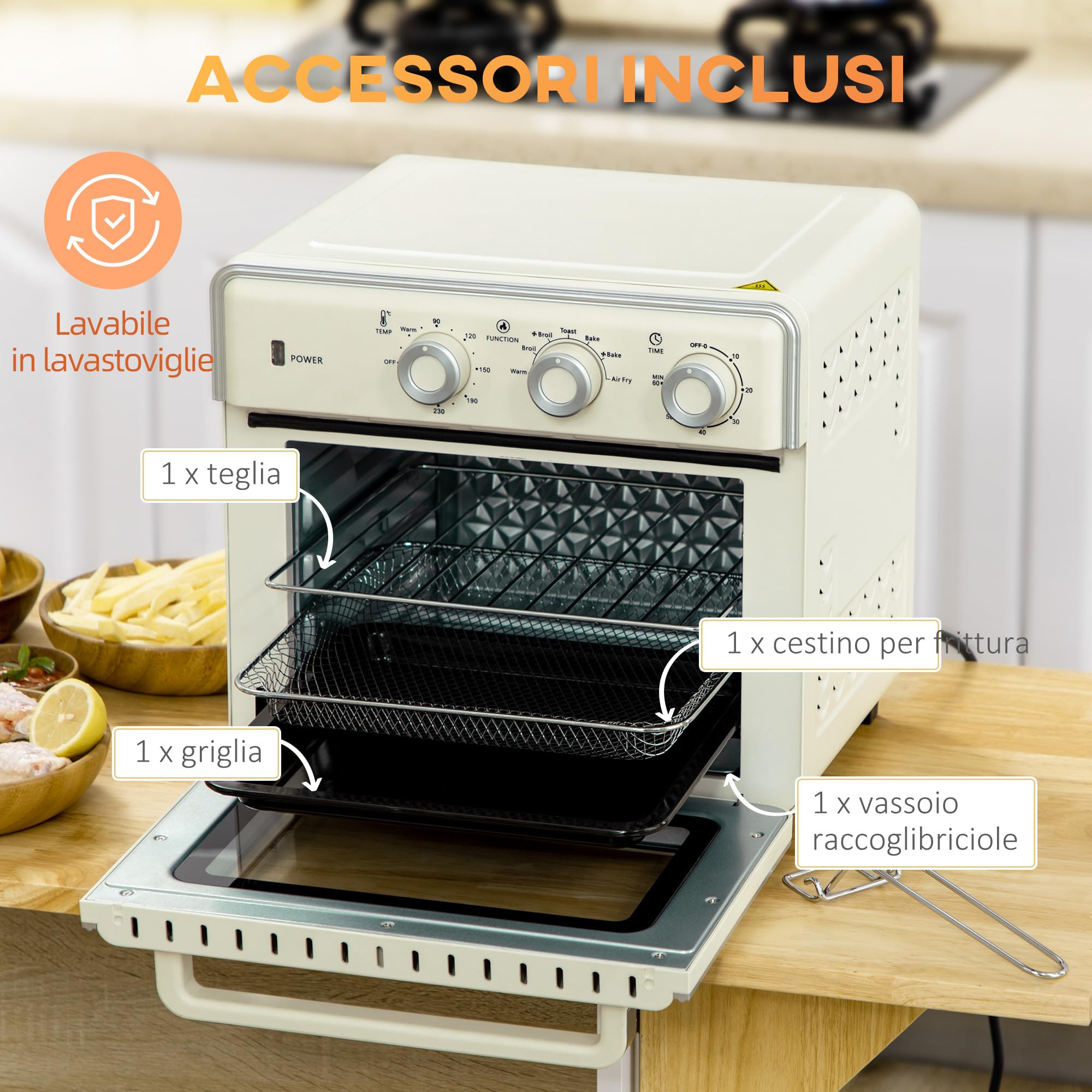 HOMCOM Horno eléctrico ventilado 20 L 1400 W multifunción aire caliente 90-230°C temporizador 60 min 5 modos doble cristal