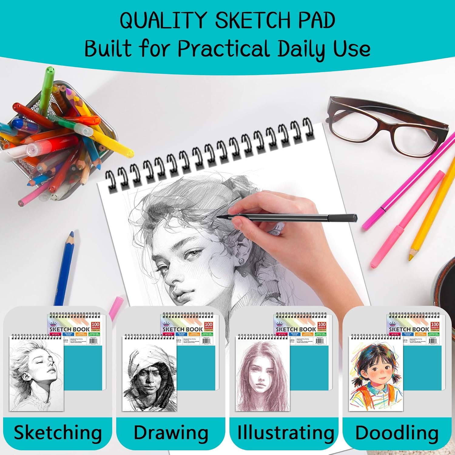 WINNER 9" x 12" Sketch Book 4 Pack, 400 Sheets Spiral Bound Art Sketchbook, 68lb/100gsm White Acid Free Drawing Pad, Sketching Doodling Drawing Writing Sketch Pad, Art Supplies for Back to School
