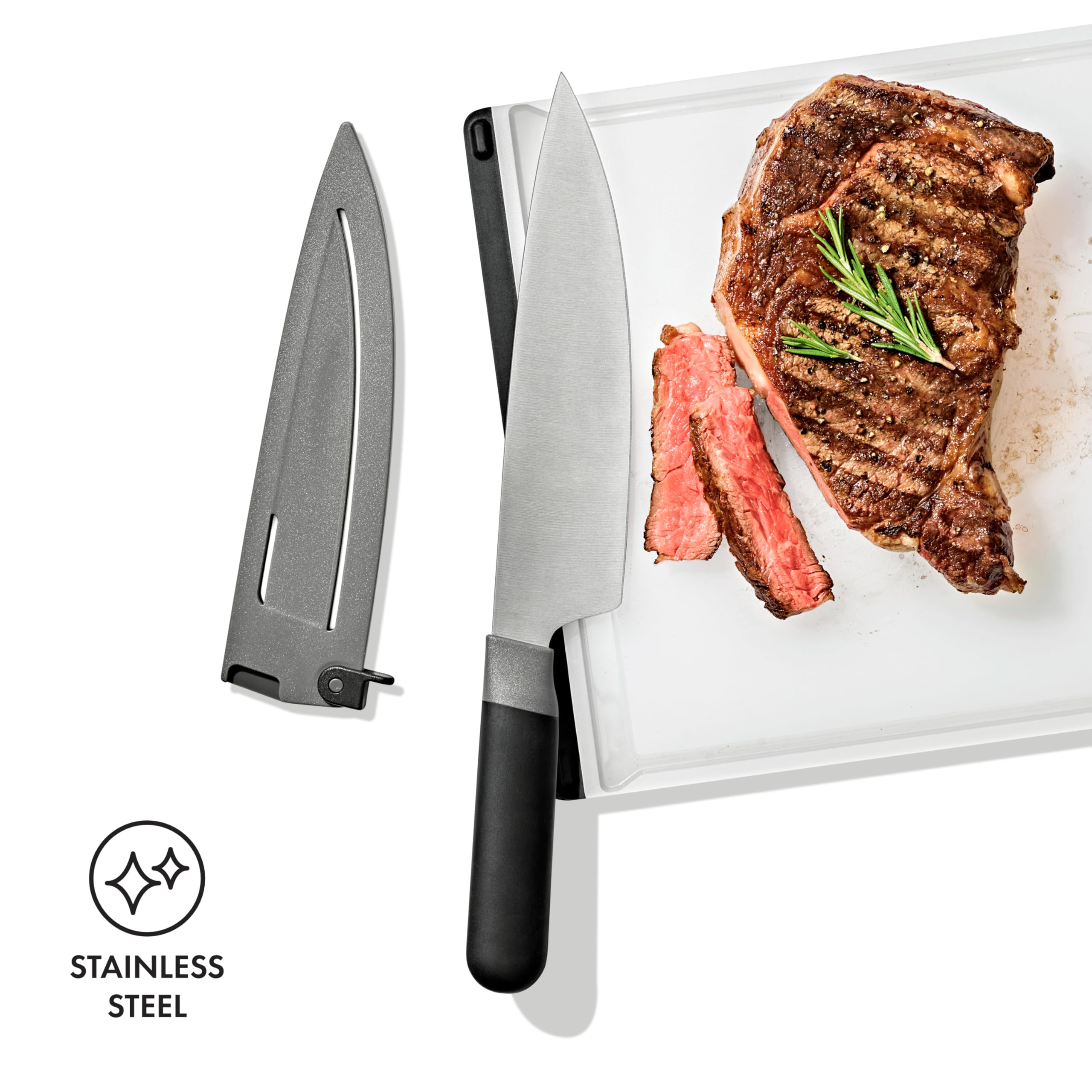 OXO Good Grips 8 in Chef’s Knife with Locking Sheath, Sharp Stainless Steel Kitchen Knife for Chopping, Dicing, and Mincing Herbs and Meat, Cooking Essential with Protective Cover — Amazon image 6