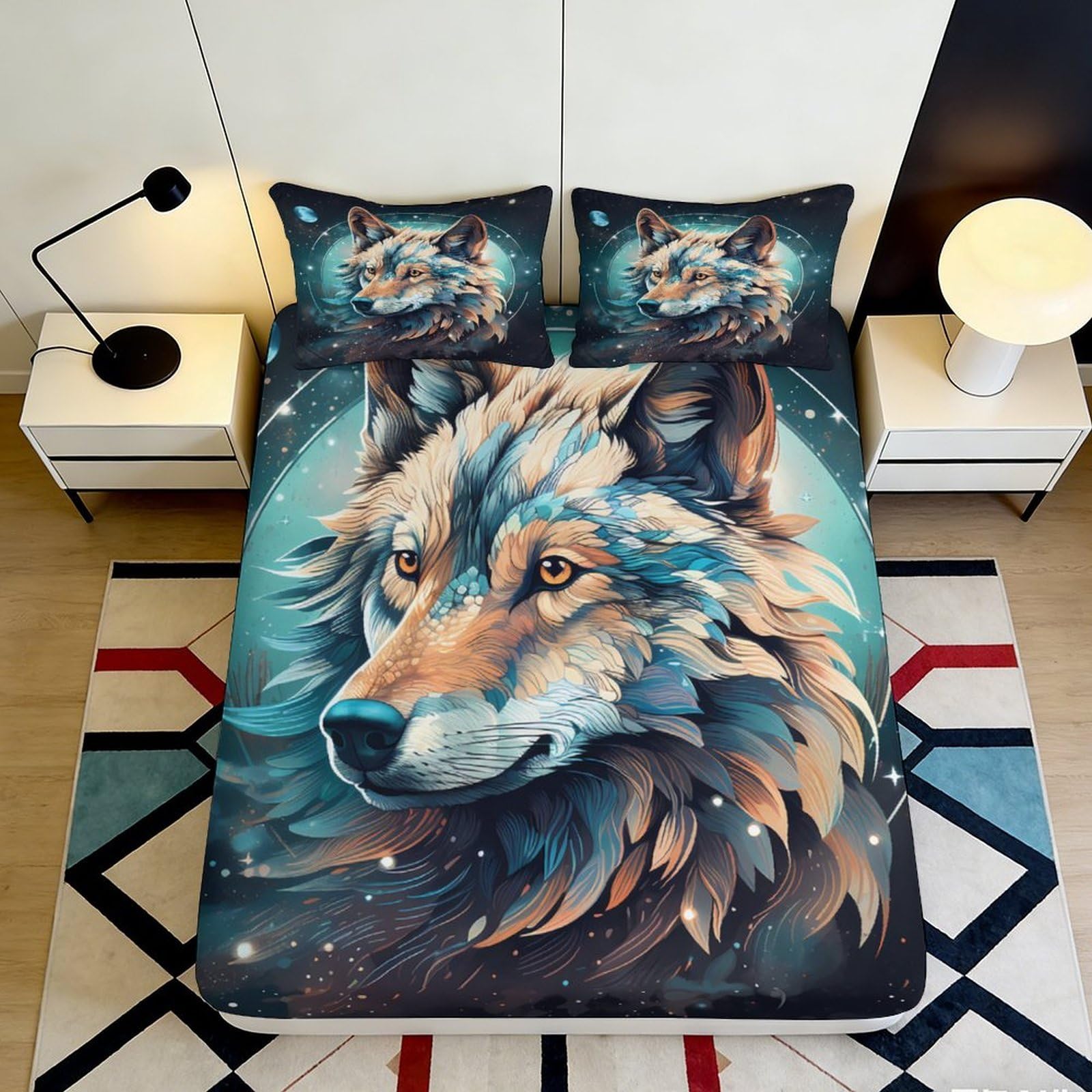 3D Printed Wolf Design Fitted Sheet Microfiber Soft Breathable Cosmic Night Sky Bed Cover for Bedroom Dorm Dormitory Guest Room Mattress Protection 200x200x25cm
