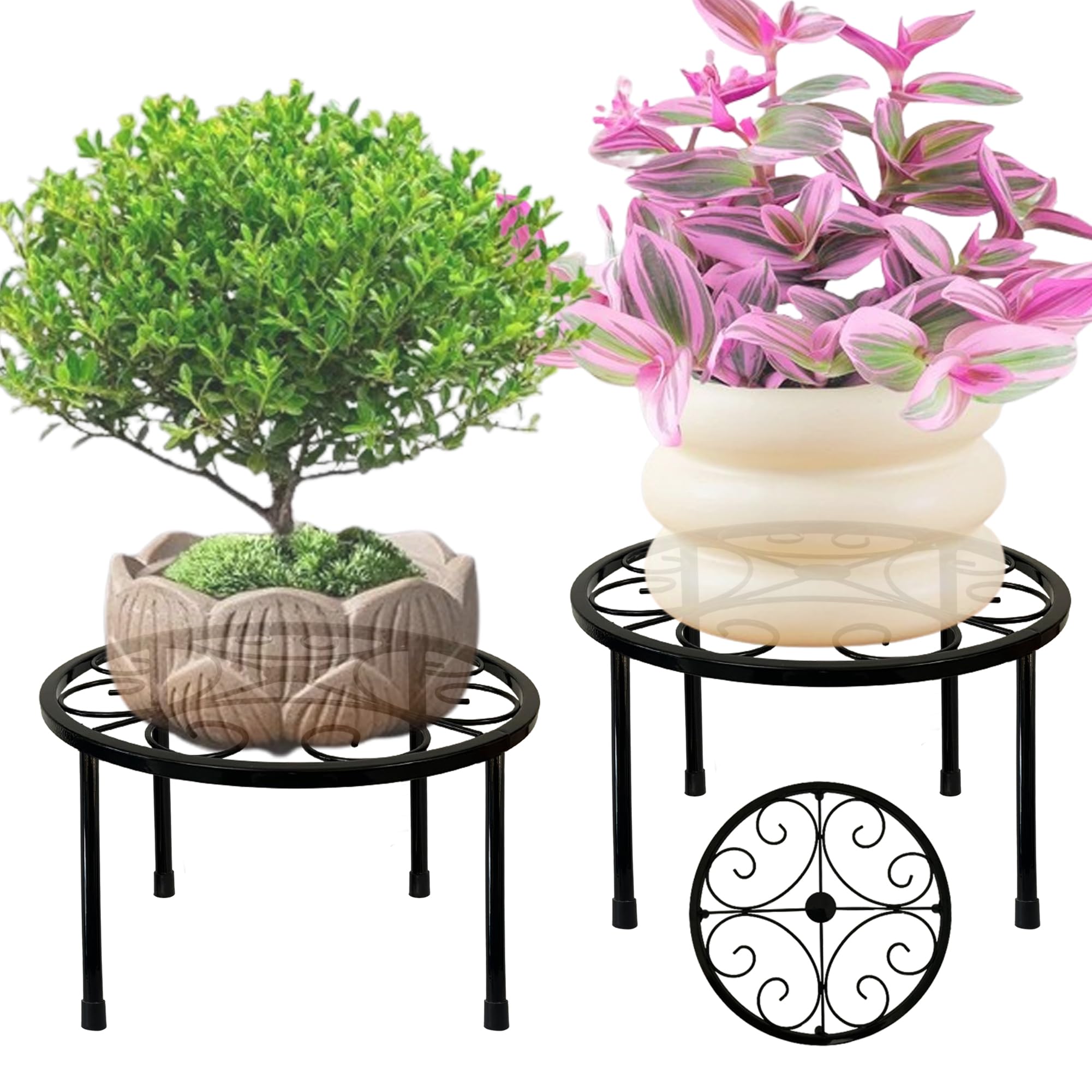 ZEECER Plant Stand Indoor Outdoor Set of 2, Retro Design 10'' Round Metal Plant Rack, Rust-proof Coated