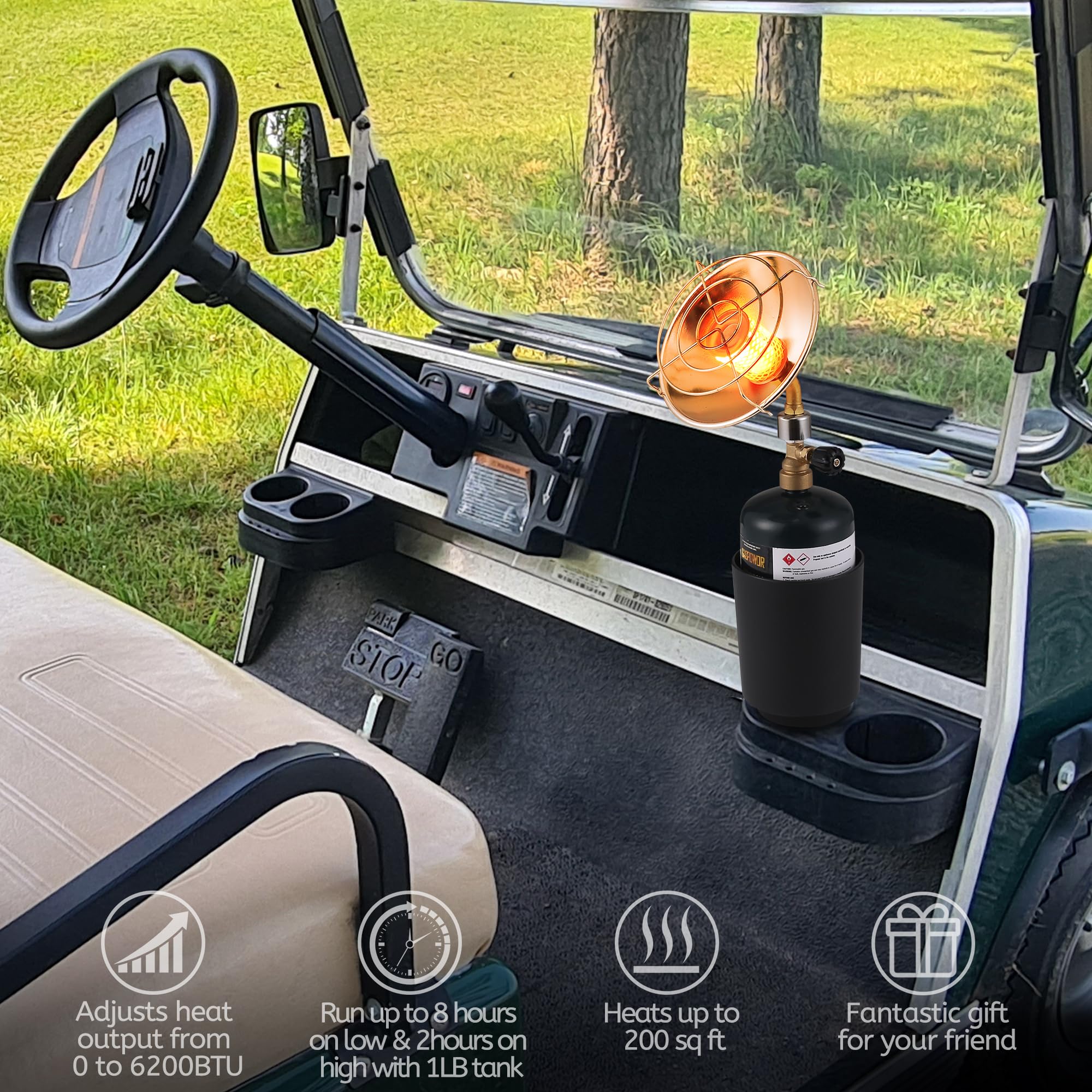 Propane Golf Cart Heater 6200BTU, Outdoor Propane Heater with Golf Cart Cup Holder(Fuel not included)