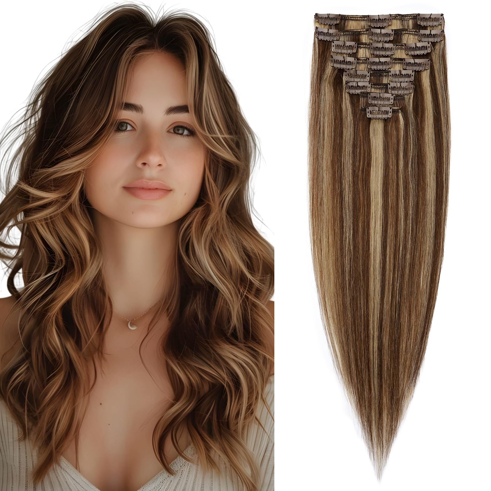 Elailite Clip in Hair Extensions Real Human Hair Remy Hair Full Head #4/27 Medium Brown Mix Dark Blonde 12 Inch 8 Pcs Invisible Thin Weft Highlighted