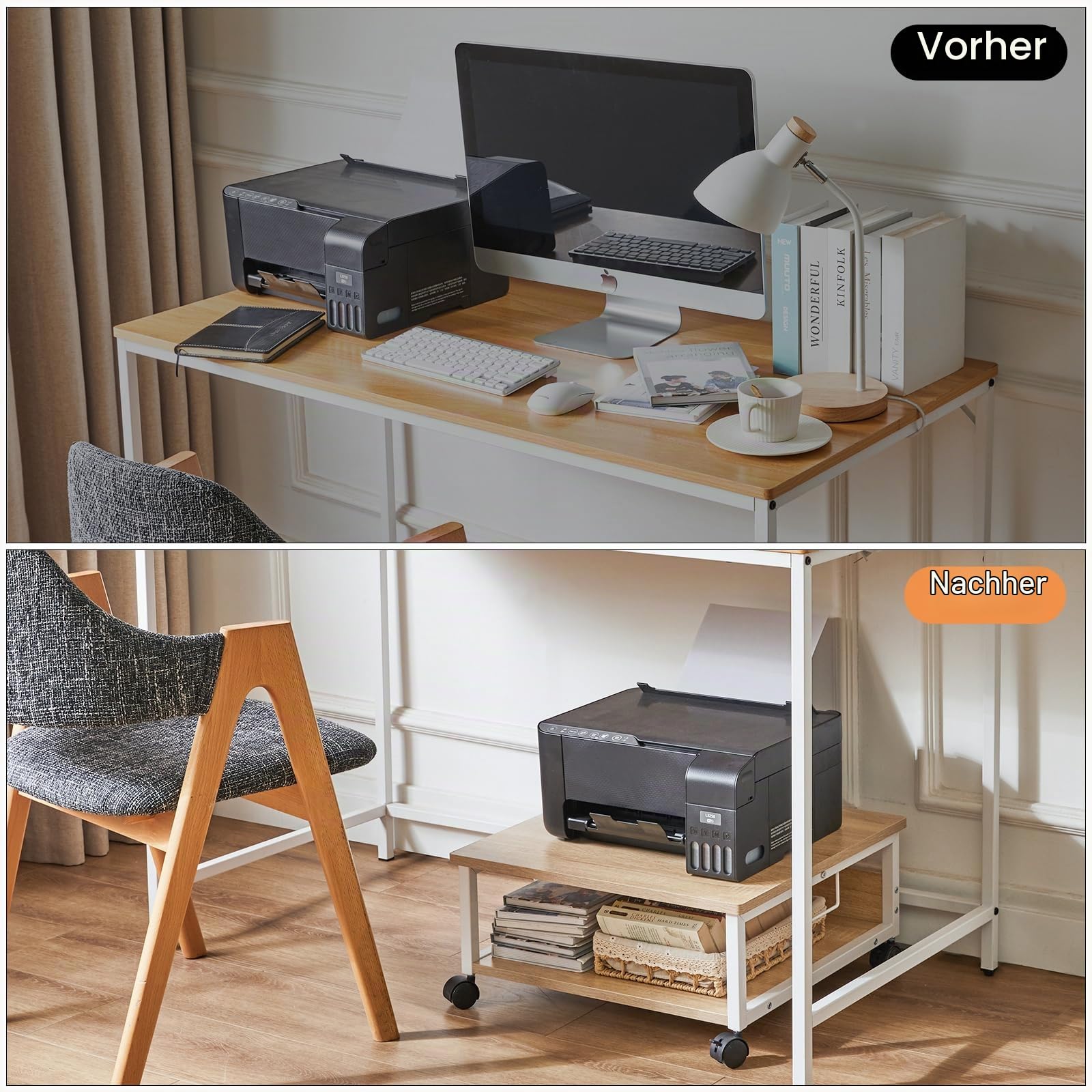 IBUYKE 2 Tier Desktop Drucker Stand Cart,Drucker Tisch mit Rädern,Schreibtisch Heavy Duty Rolltisch mit Aufbewahrungsordnern,für Bücher, Faxmaschine, Scanner, Home Office TLJ008R