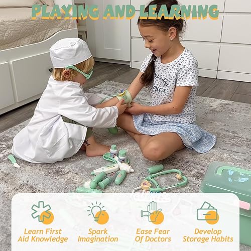 Miniatura 4 de Liberry Kit médico para niños pequeños de 3, 4, 5 años, 30 piezas de juguete médico con estetoscopio, disfraz, juego médico verde, regalo de
