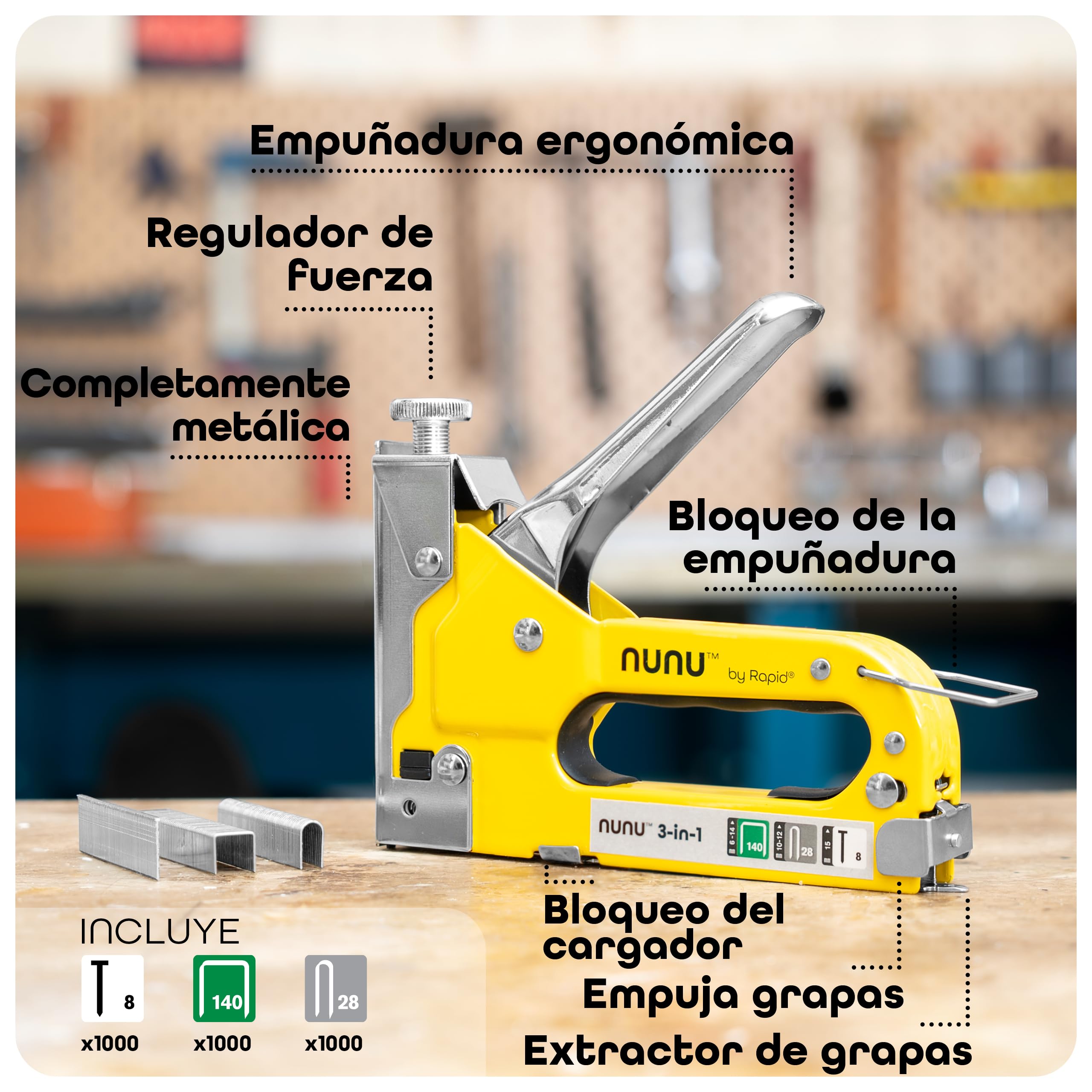 Rapid NUNU Grapadora Manual 3 en 1 para Madera con 3.000 Grapas y clavos. Grapadora Profesional para Tapicería, Paredes, Moquetas y Fijación de Cables, Potencia Ajustable, Diseño Ergonómico