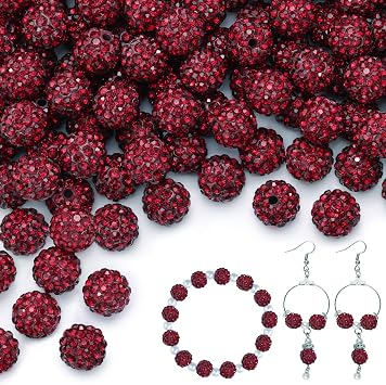100 pcs 10mm Rhinestone Beads for Jewelry Making, Dark Red Shiny Round Shamballa Disco Beads Bulk, Sparkle Crystal Clay Christmas for Bracelet Baseball Necklace Earring Crafting and DIY