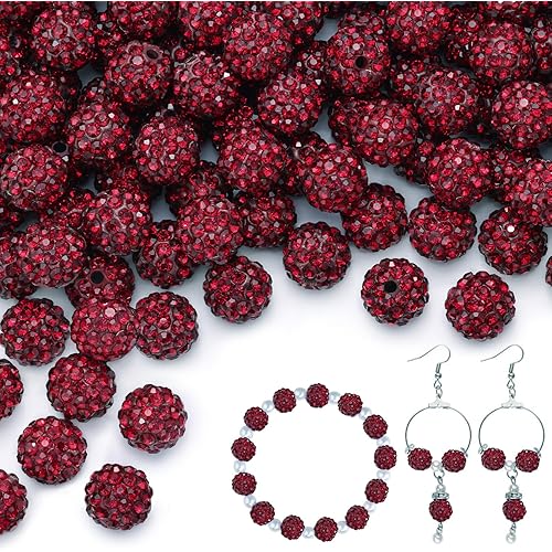 100 pcs 10mm Rhinestone Beads for Jewelry Making, Dark Red Shiny Round Shamballa Disco Beads Bulk, Sparkle Crystal Clay Christmas for Bracelet Baseball Necklace Earring Crafting and DIY