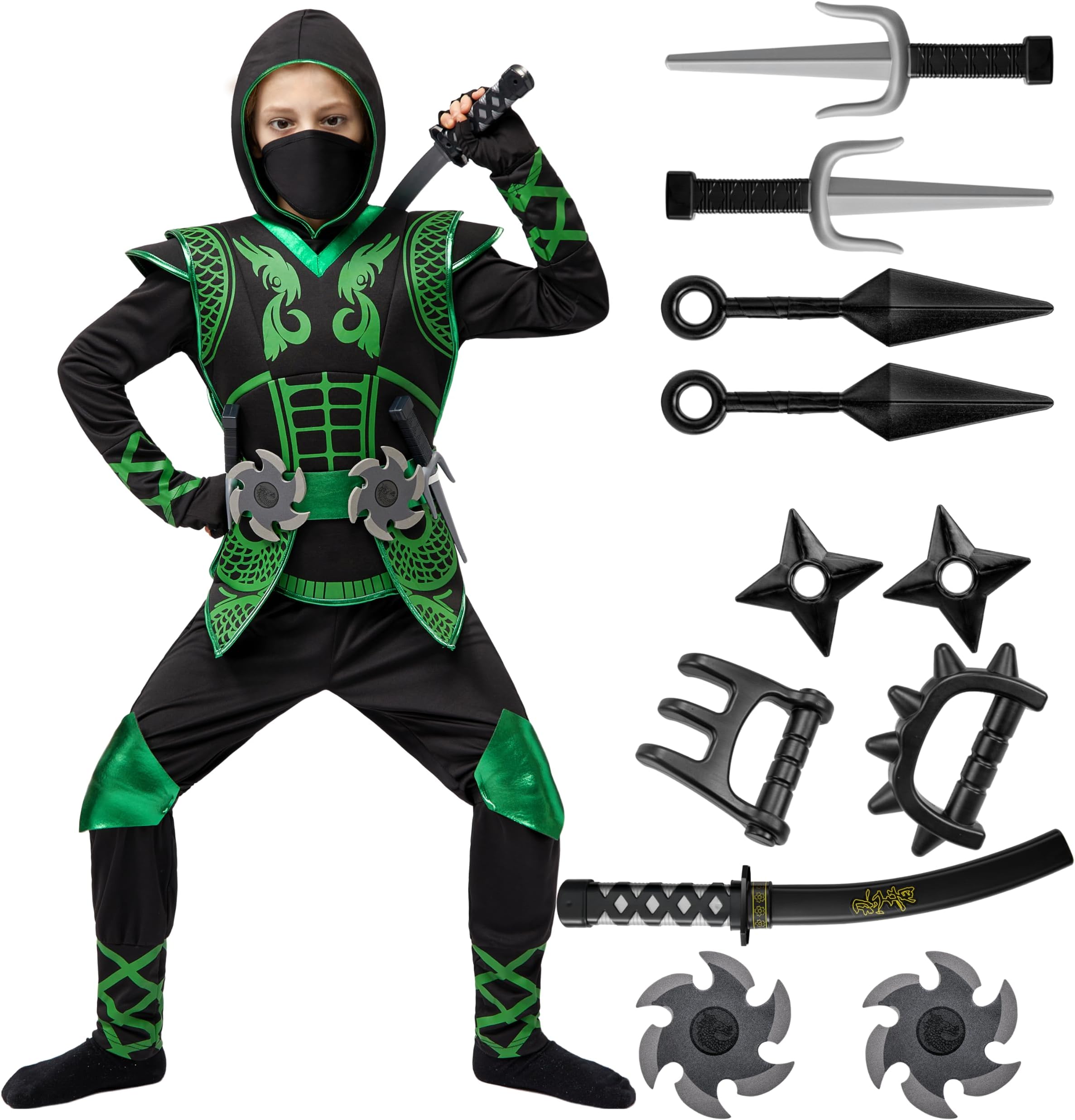 Green Ninja Costume Set, Ninja Jumpsuit with Foam Accessories for Kids, Toddler Halloween Outfit for Ideas Cosplay Party (S, 5-7 yrs)