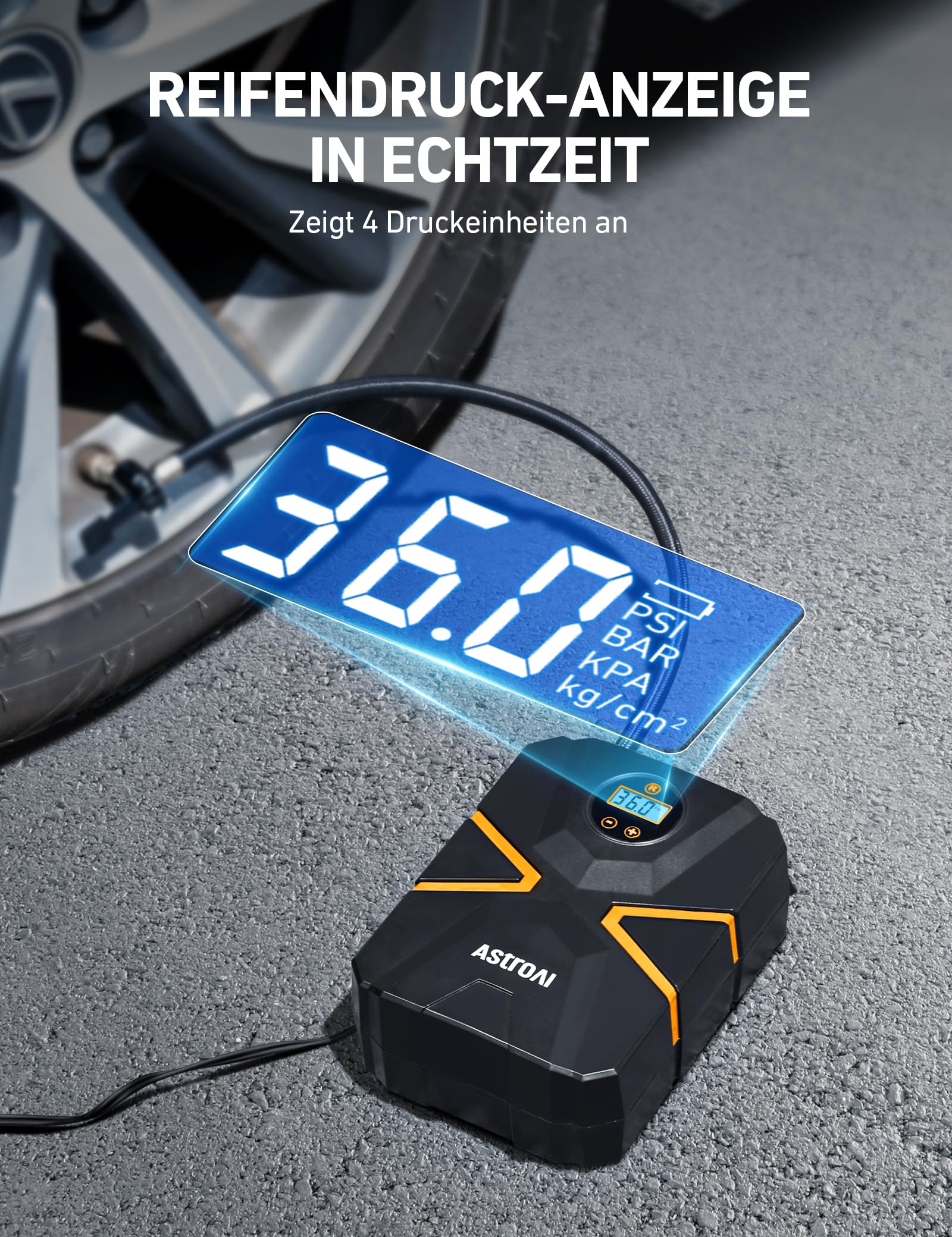 Ipflin 12V Autoreifenkompressor – Digital, 10,3 Bar, Automatische Abschaltung, LED-Notlicht – Für Auto, Fahrrad & Bälle