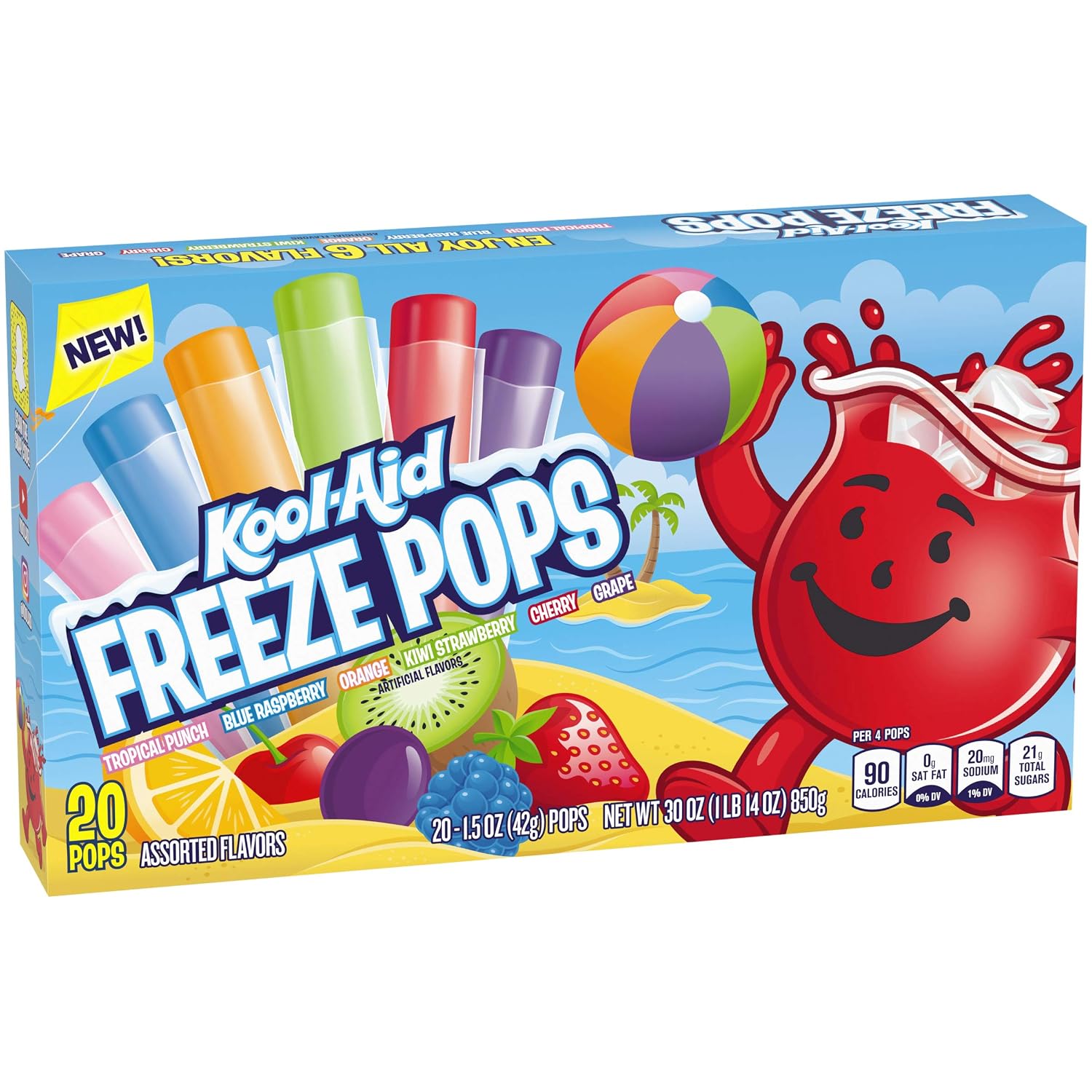 Kool-Aid Tropical Punch (Blue Raspberry, Orange, Kiwi Strawberry, Cherry & Grape Freeze Pops Variety Pack, 20 ct Box, 1.5 oz Pops)