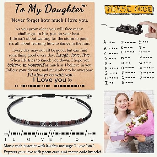 Miniatura 5 de Tarsus Pulseras con código morse con tarjeta grabada para hijo, hija, nieto, nieta, cumpleaños, Navidad, graduación, 10 pulg., Acero inoxidable, No