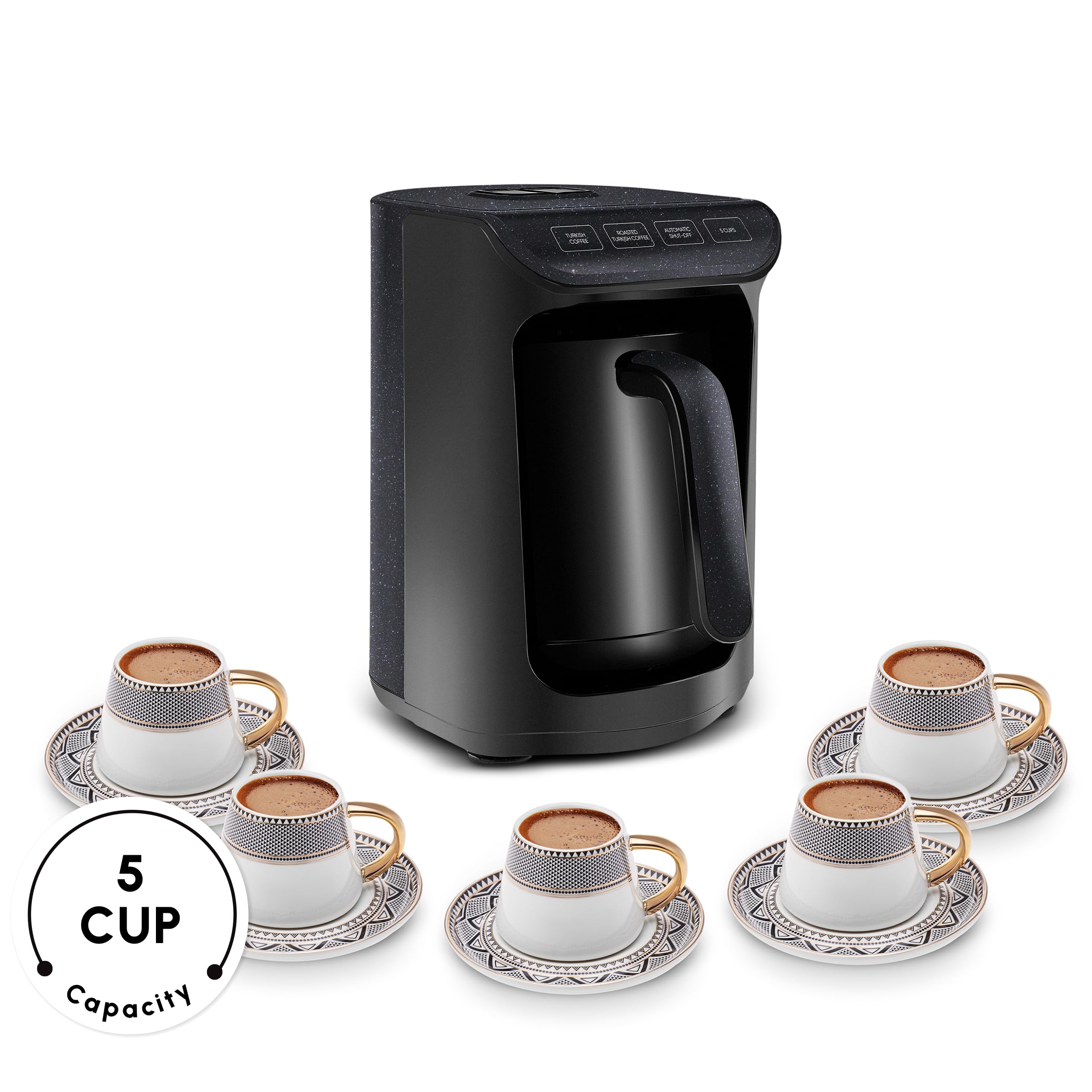 KARACA Hatır Köz Machine à café turque laiteuse, cafetière turque traditionnelle, 5 tasses, infusion de style ember, modes lait et chocolat chaud, anti-débordement, arrêt automatique, noir brillant