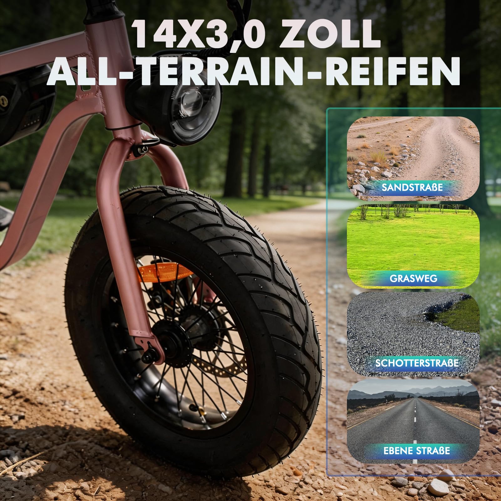 OUXI S73 Kindermotorrad Elektro, 14 Zoll Fat Tire Laufrad für Kinder & Jugendliche, 10.4Ah Akku bis 30km, 3 Geschwindigkeitsstufen, Mechanische Scheibenbremsen, LED-Licht vorne & hinten (Rosegold)