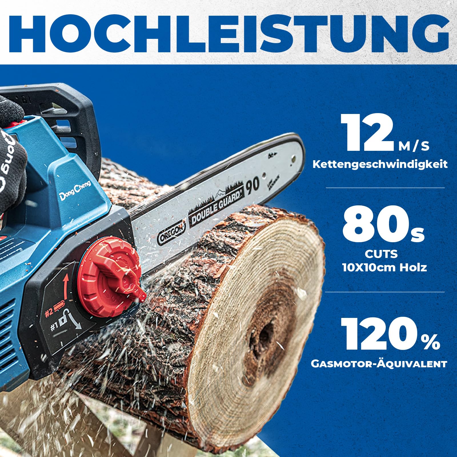 DongCheng Akku Kettensäge 20V, bürstenloser Motor, 12 m/s Kettengeschwindigkeit, 30cm OREGON-schwert/-kette, werkzeuglose Kettenspannung, automatische Kettenschmierung, inkl. 2x4,0 Akku & Ladegerät