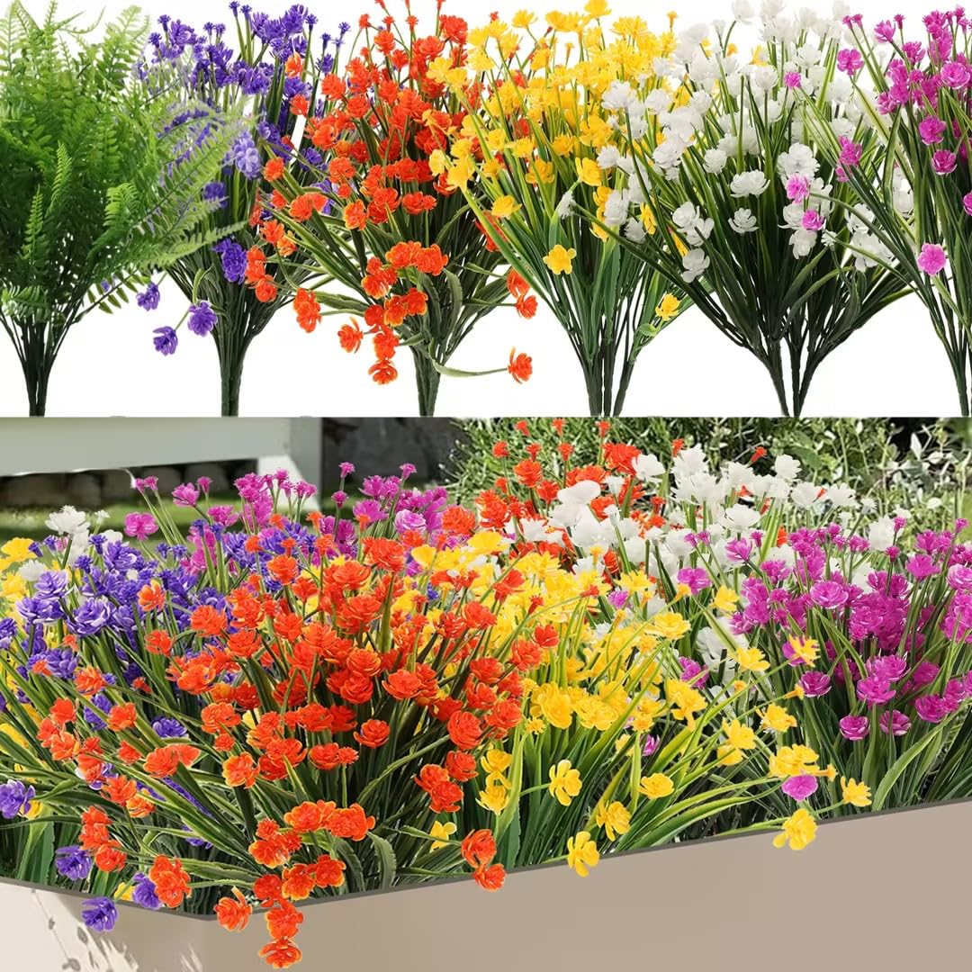 Nishzhu Multicolor 24 Bundles Artificial Fake Flowers, Uv Faux Flowers Arrangement, Fake Plants Greenery Shrubs For, Home Garden Patio, Hanging Planter, Window Box Farmhouse (6 Colors)