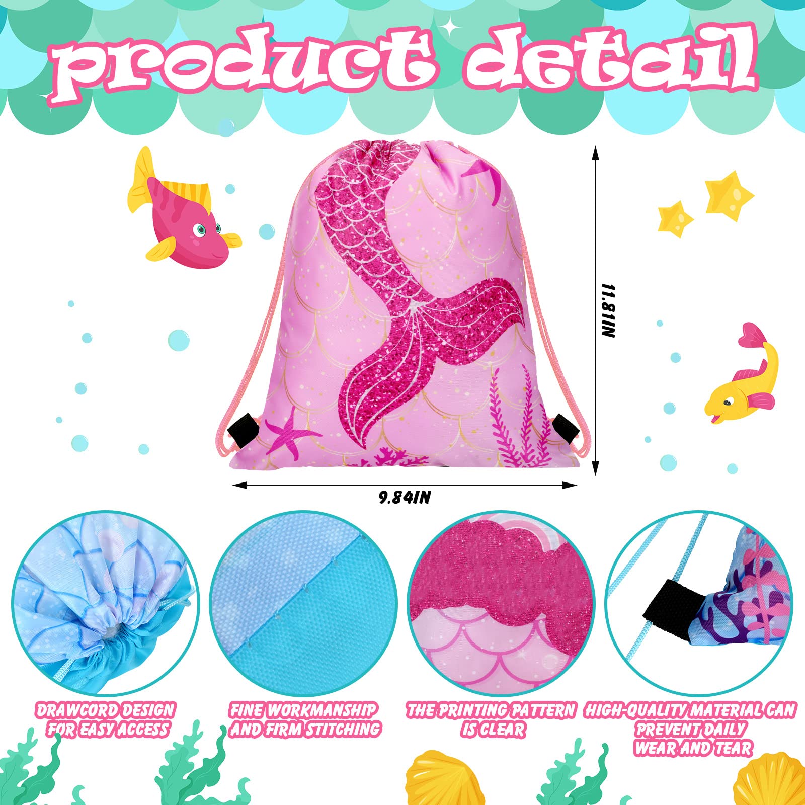 Shappy 24 Pack Drawstring Party Favors Bags Cartoon Animal Candy Goodie for Boys Birthday Kids Gift Return Girls Supplies(Mermaid)