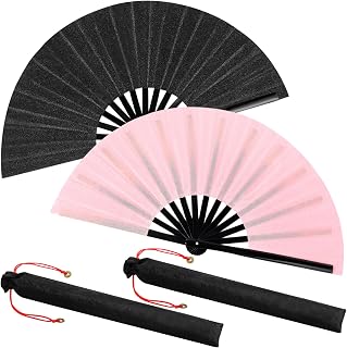 Maitys 2 Packs Large Folding Hand Fans, 13'', Glitter Black and Pink | Chinese Handheld Fan, Large Clap Fans for Line Dancing, Rave, Tai Chi, Festival, Kung Fu, Martial Art, Gift, Include 2 Pouch
