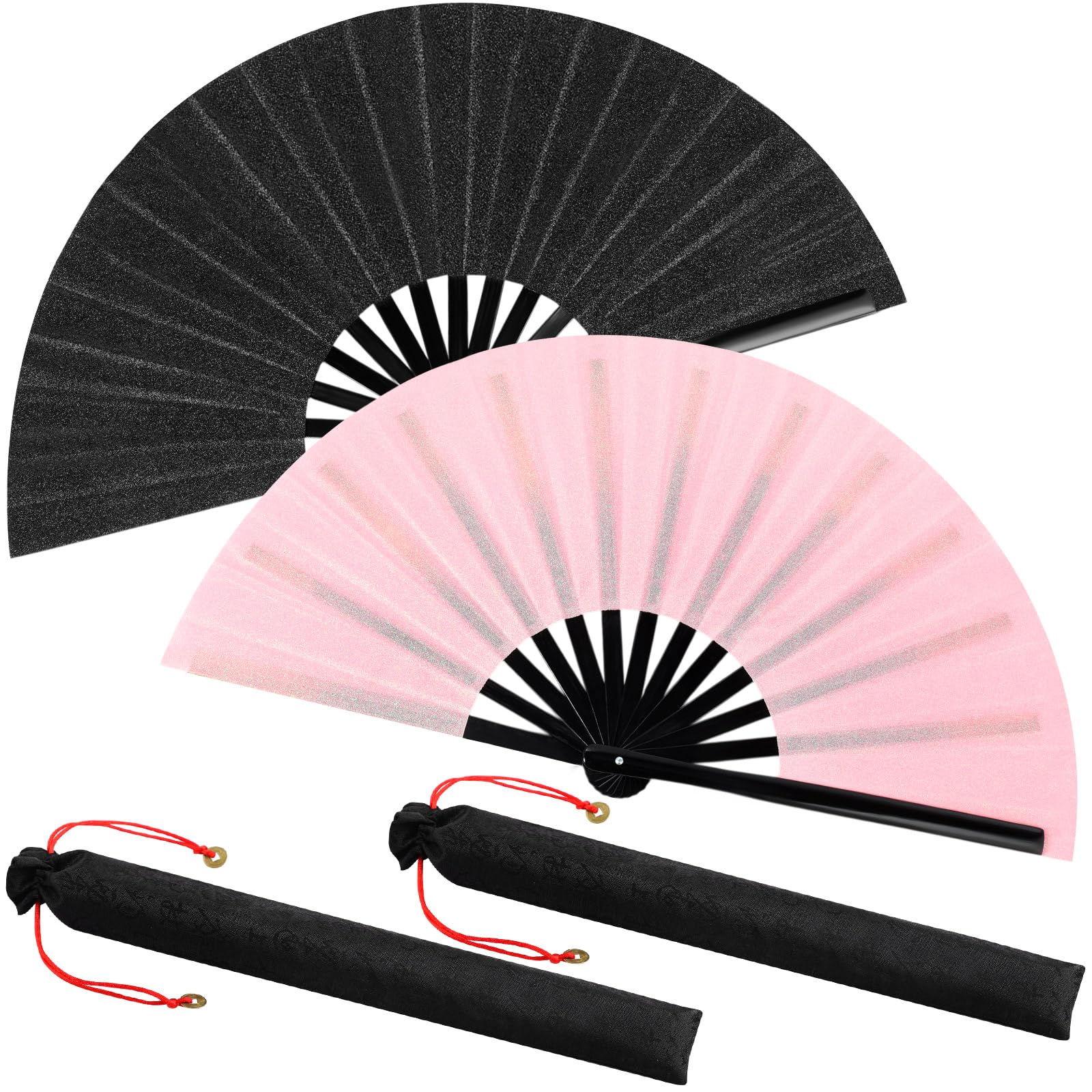 Maitys 2 Packs Large Clap Fans for Line Dancing Large Chinese Folding Hand Fans for Men and Women, Festival, Tai Ji, Kungfu, Martial Art, Gifts (Glitter Black and Pink)