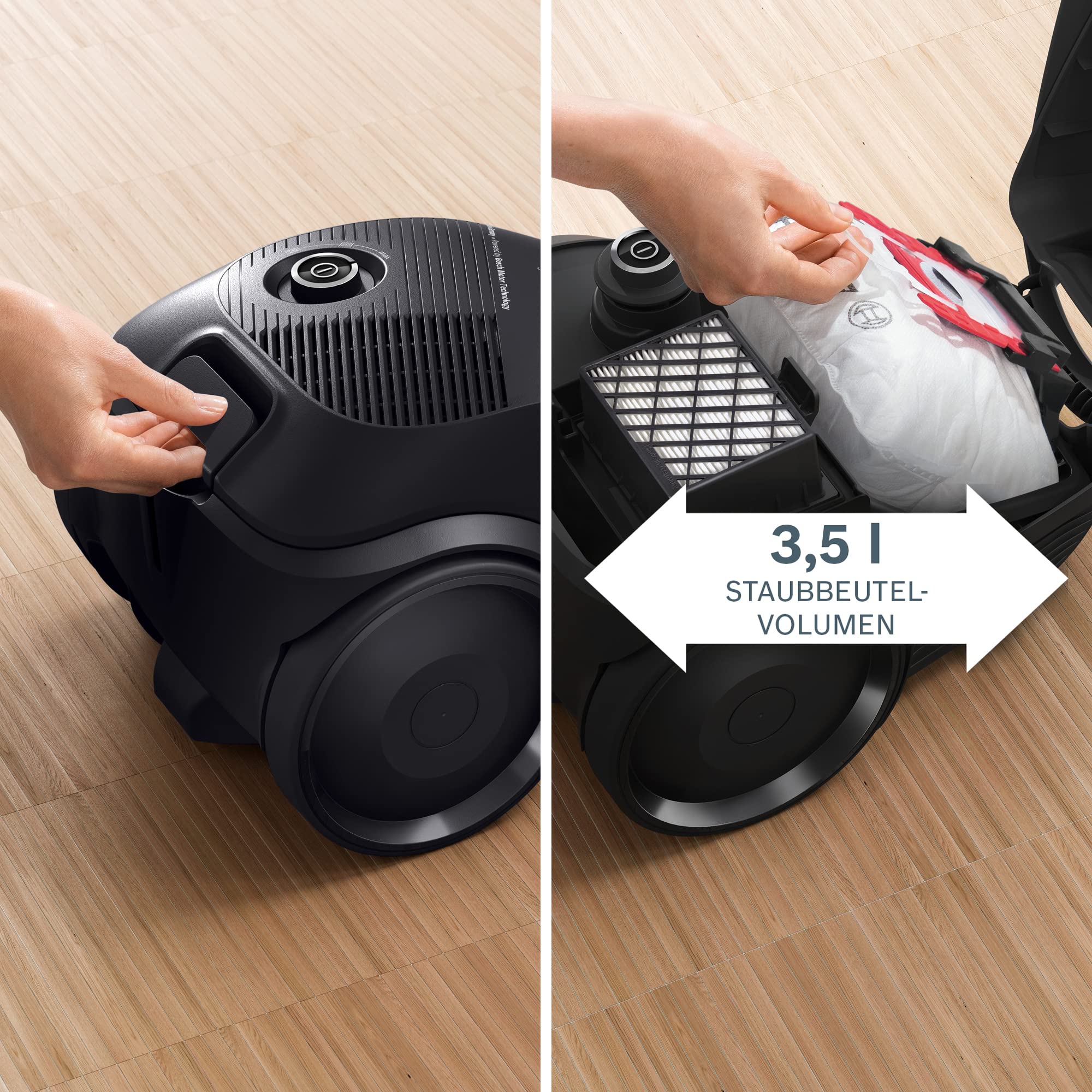 Bosch Staubsauger mit Beutel Serie 2 BGDS2CHAMP, Bodenstaubsauger, nachhaltig, aus Recyclingmaterial, Hygiene-Filter, 10 Jahre Motorgarantie, kompakt, leistungsstark, Made in Germany, 600 W, schwarz