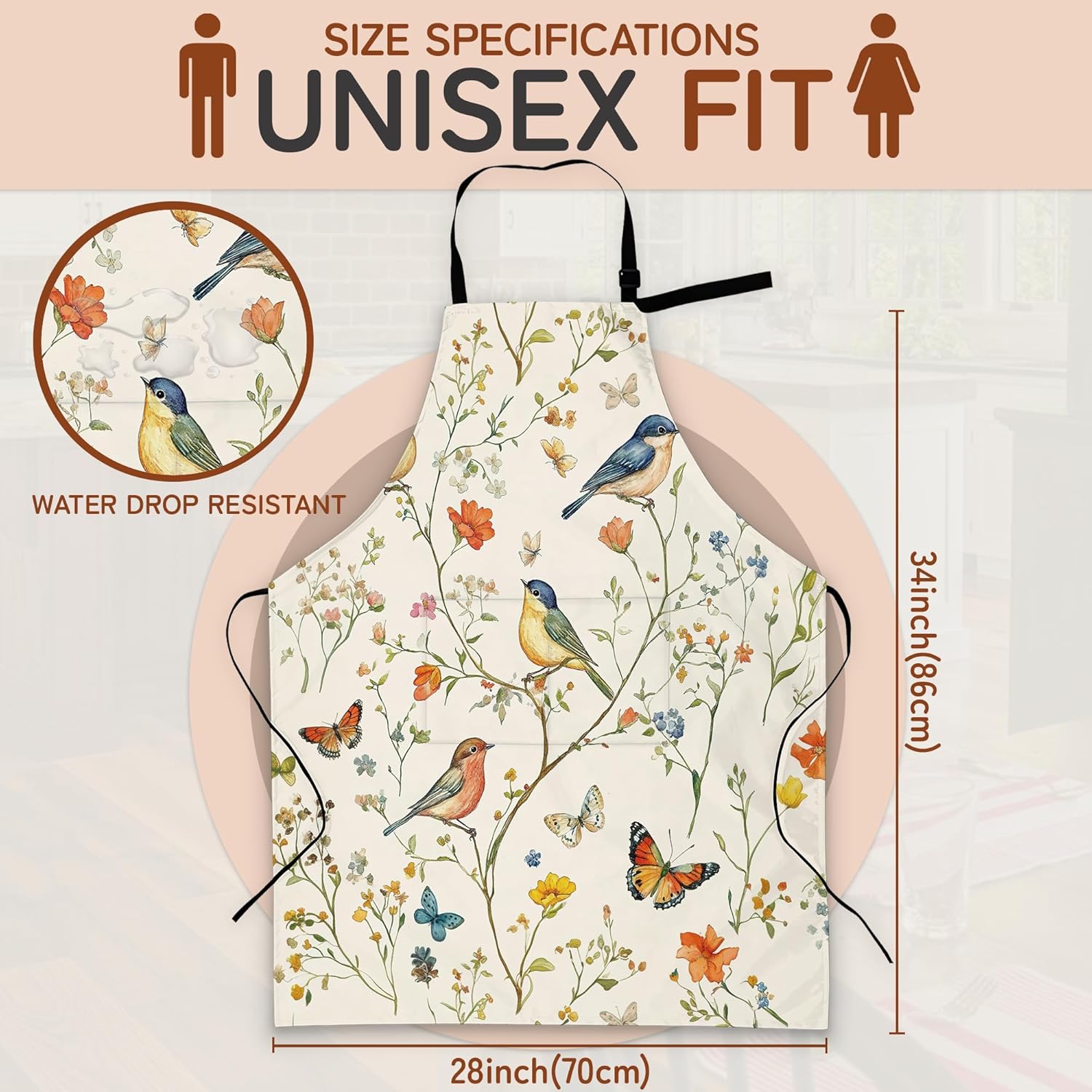 Kitchen Apron with Pocket,Waterproof Adjustable Neck and Long Ties, Cooking Baking Gardening Painting Apron for Women - Image 2