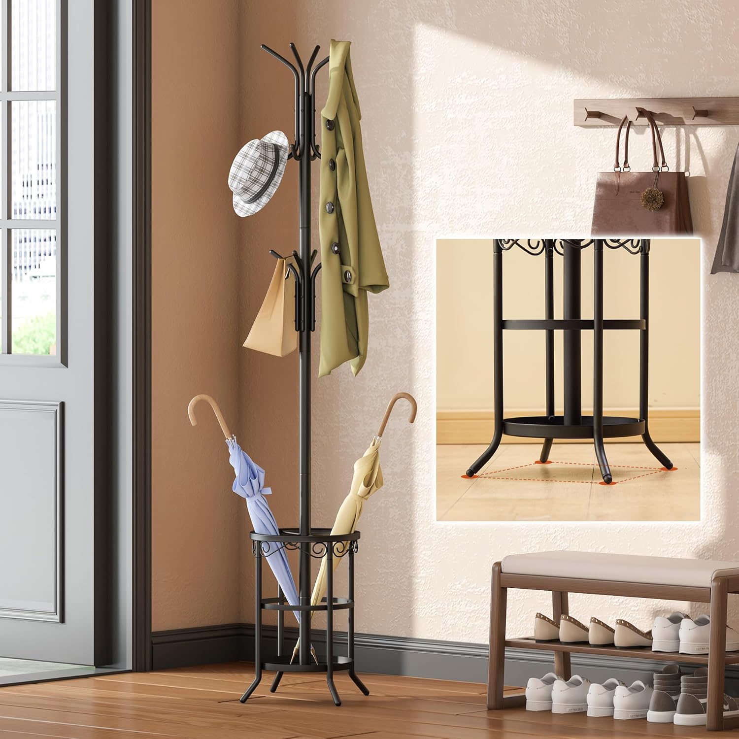 GHWIE Freestanding Coat Rack Stand with Umbrella Holder and Hat Hanger Organizer Rack