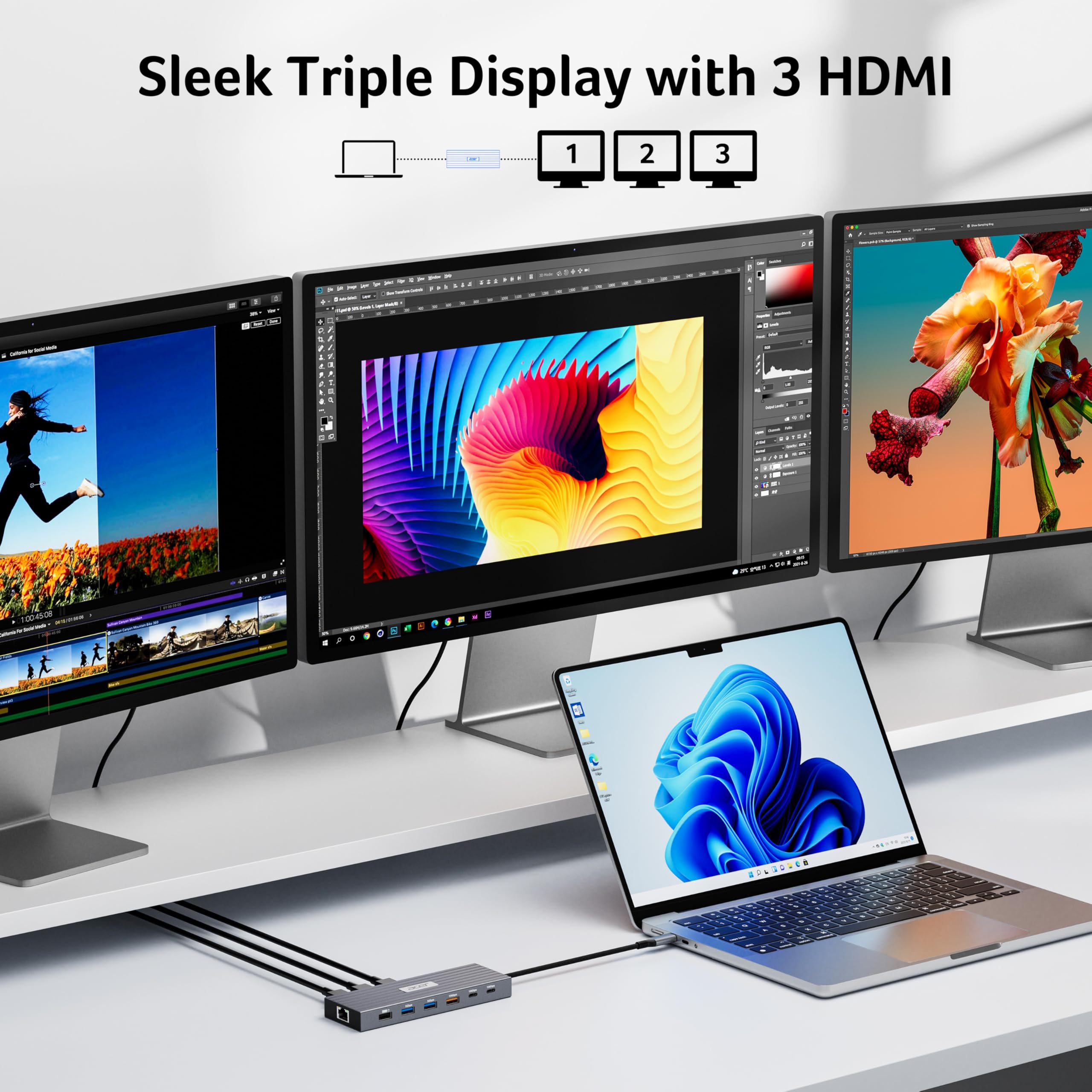 Acer Docking Station USB-C 3 HDMI 4K@60Hz, 13-in-1 Triplo Display Hub | USB-A&C 10Gbps, USB-A 5 Gbps, Ethernet 1 Gbps, PD 100W, Lettore di schede SD/TF, Compatibile con MacBook Pro, laptop