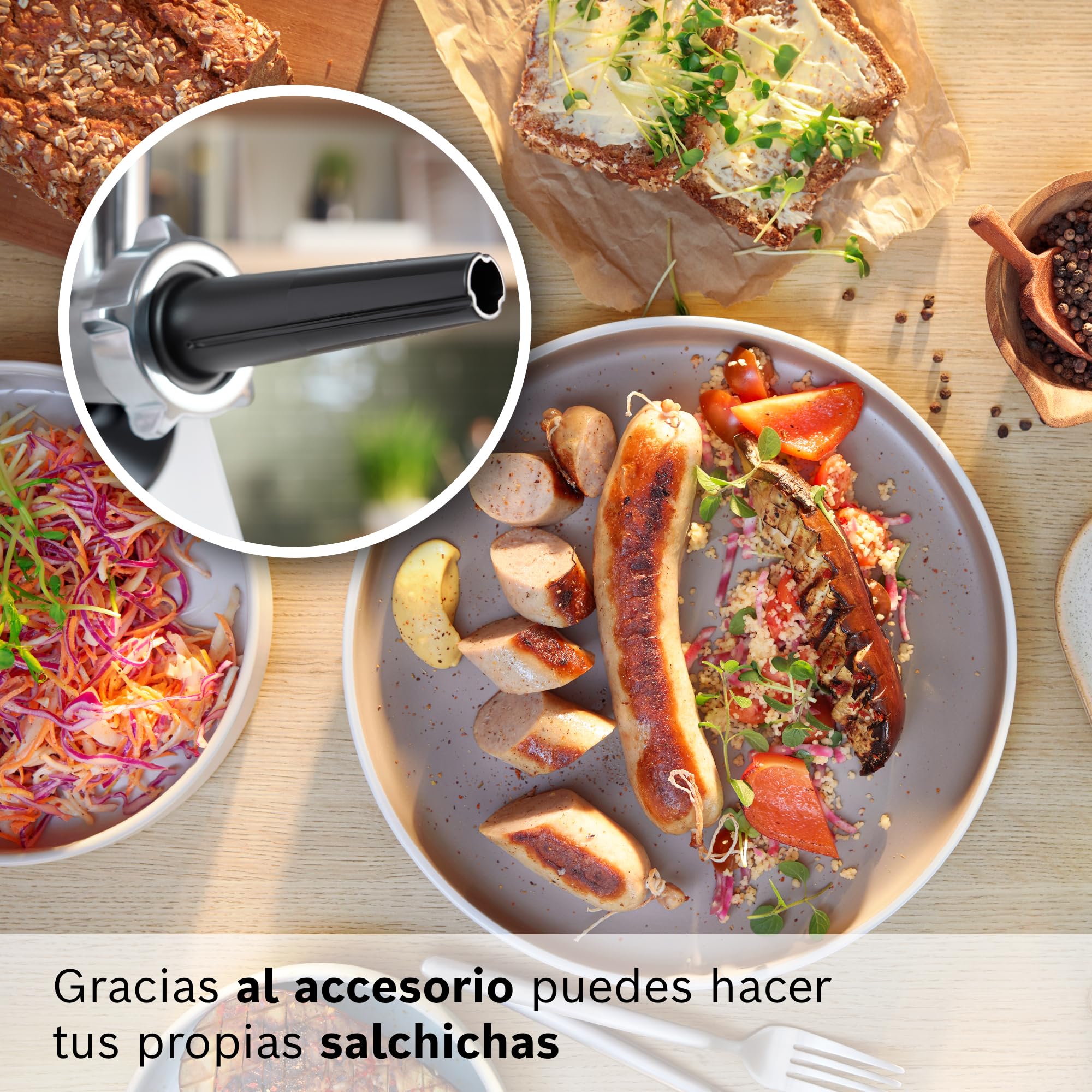 Bosch - Picador de carne, MultiPower, Serie 4, 1900 W, Molinillo, Accesorio para salchichas, Blanco, MFWS420W