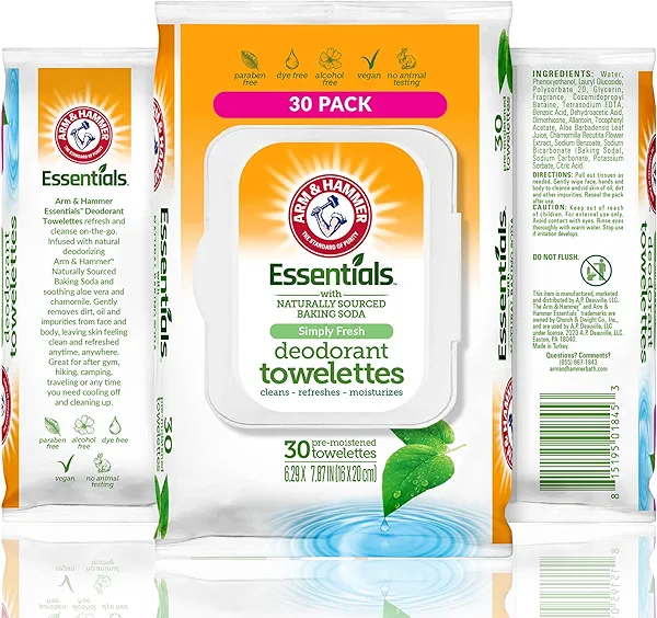 Arm and Hammer Face and Body Wipes for Adults - Deodorant Towelettes 30 Sheets for Women - Shower Wipes for Traveling, Camping, Gym, and Bathing - Alcohol-Free Face Sheets (Simply Fresh)