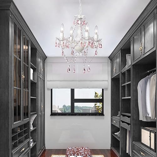 Miniatura 9 de Candelabro blanco enchufable rosa con detalles de cristal rosa, lámpara de araña de 4 luces de cristal