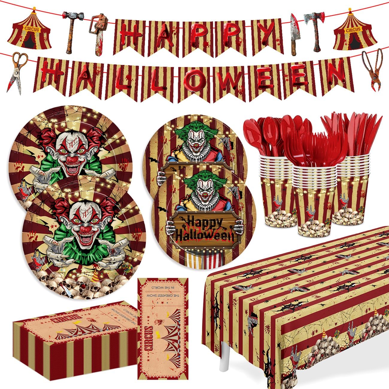 170pcs Halloween Evil Circus Plates Napkins Party Decorations Banner Tablecloth Disposable Paper Cups Evil Circus Tableware Set Party Supplies for Kids Halloween Party Decor Serves 24