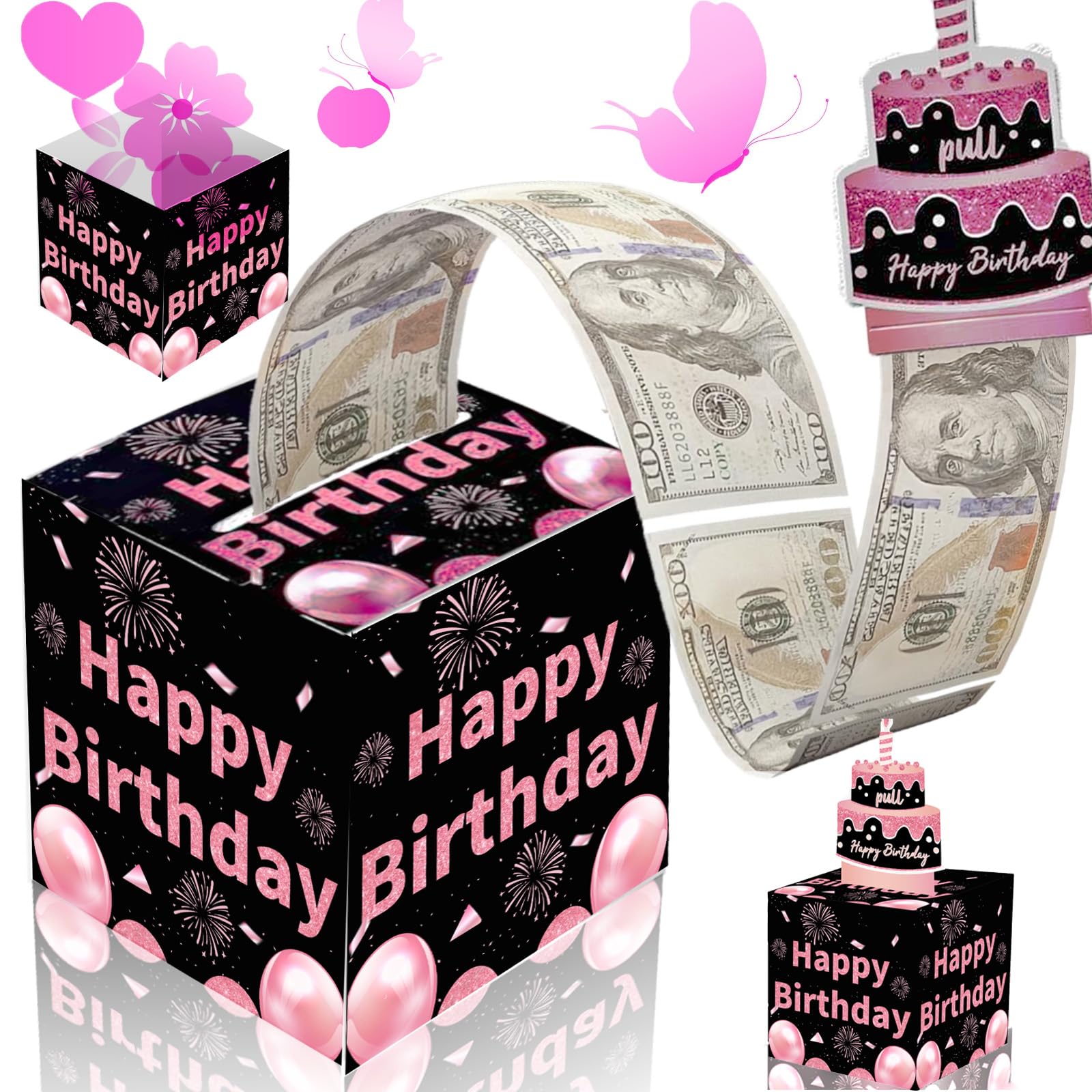 Birthday Money Box for Cash Gift Pull, Surprise Money Roll Gift Box with Pull Out Card and 30 Transparent Bags DIY Set, Funny Ways to Give Money as Gift for Parents, Lovers, Friends (Pink)