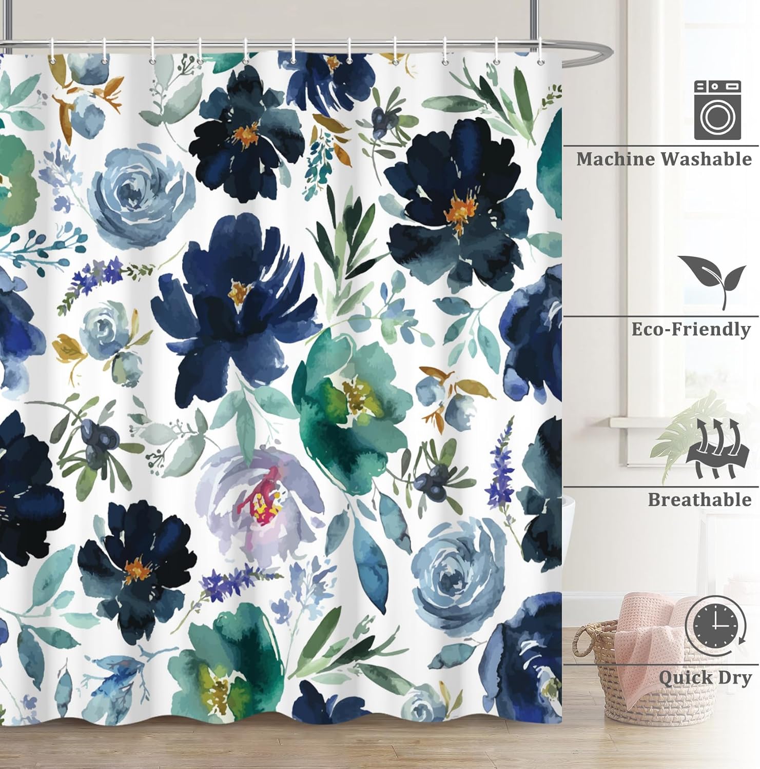 Renaiss 72 x 72 Inch Blue Watercolor Flower Shower Curtains Sets Navy Blue Green Purple Flower Art Print Shower Curtains for Bathroom Waterproof Fabric Bath Curtain Modern Decor with Plastic Hooks