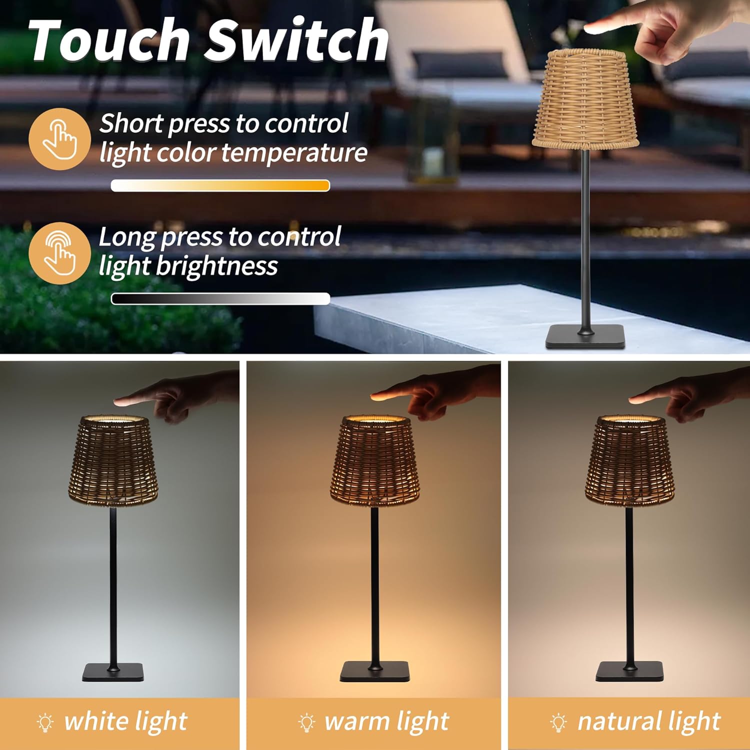 Mr. White Outdoor Waterproof Cordless Wireless Rechargeable Portable Top Touch Battery Operated Powered LED Table Lamp Desk Lamp Lights for Restaurant Kitchen Patio Dinner Dining (Black)
