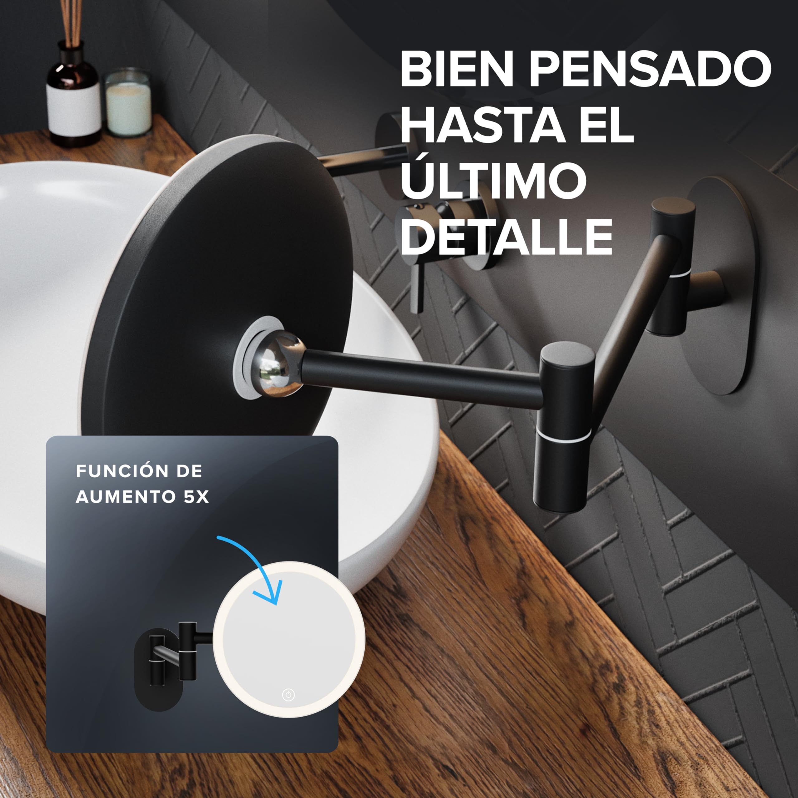 ovimar Leinoya - Espejo cosmético con iluminación (recargable, montaje en pared sin agujeros, para el baño, 5 aumentos, 360 grados)
