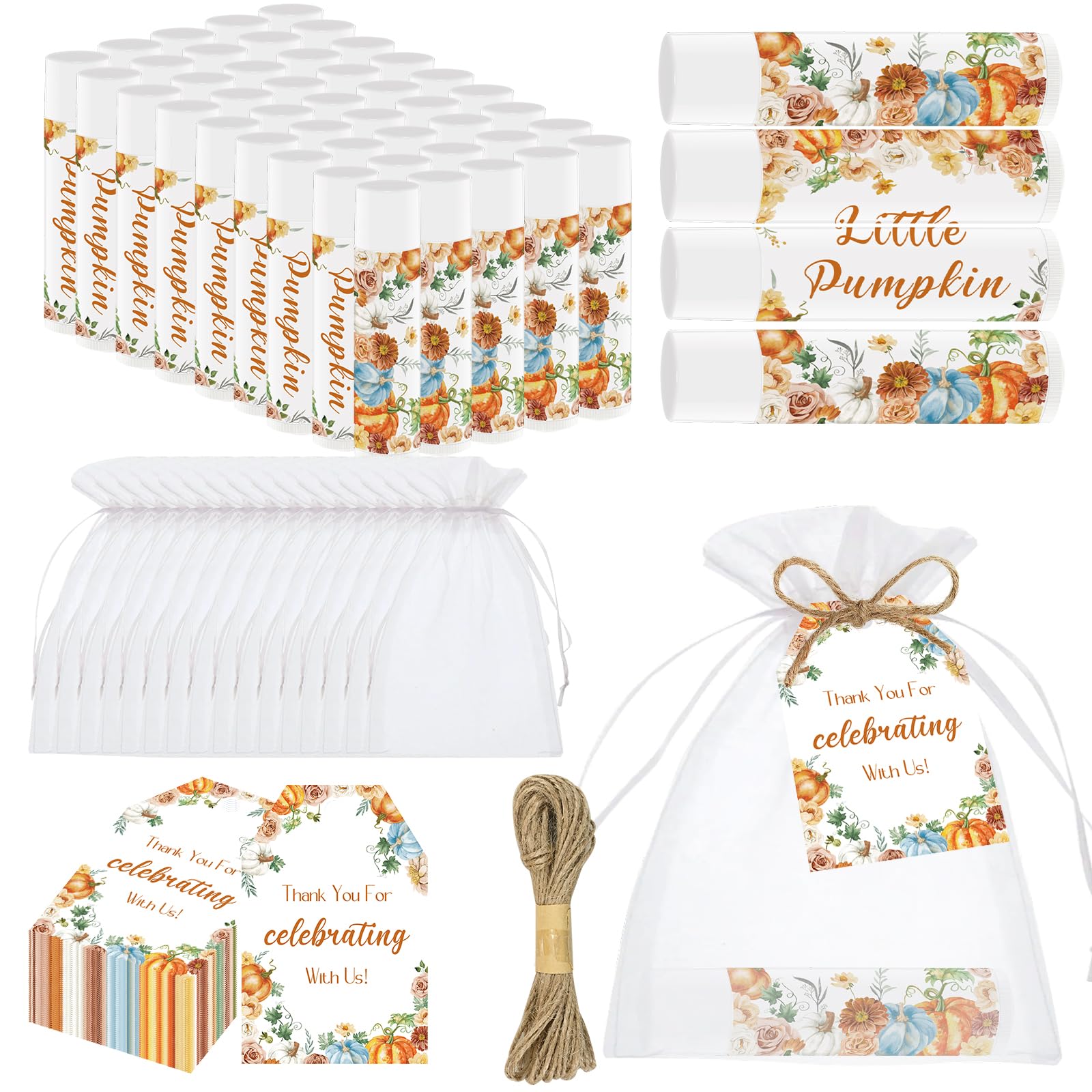 Lippenbalsam für Babypartys für Gäste – Spielgeschenke für Jungen und Mädchen, neutrales Geschlecht enthüllen, mit Dankeskarten-Etiketten, Dekorationen, Kürbisblume, 50 Stück