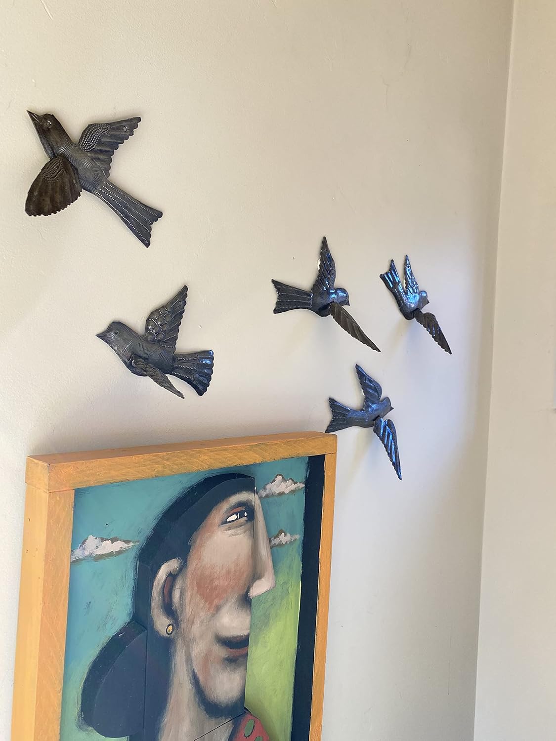 Bird Metal Wall Decor, Set of 5, 3D Wings, Small Hanging Birds, Ornaments, Bird Lovers Collection, Indoor Outdoor Hanging Figurines, Fall Decor Handmade in Haiti 5 x 4.5 inches